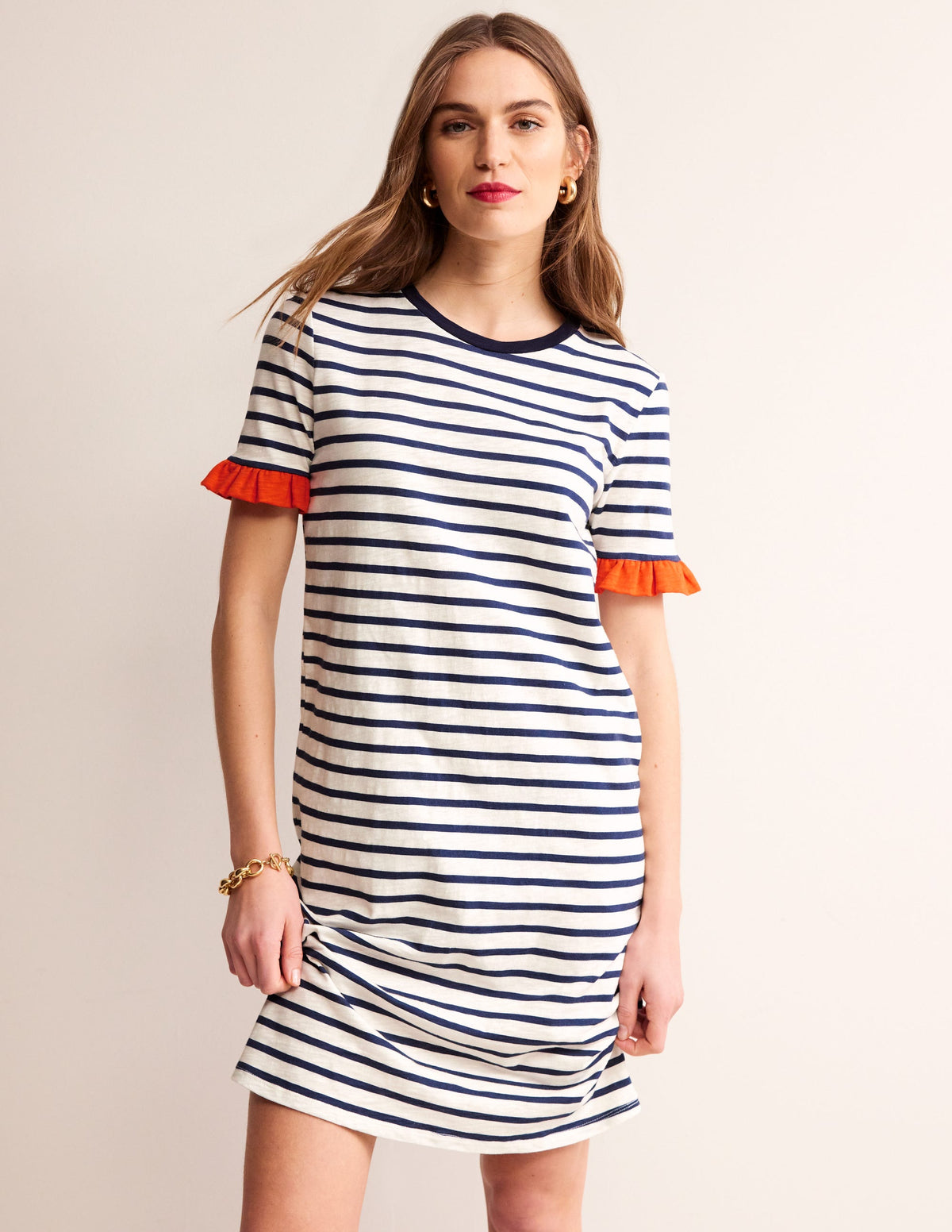Emily Baumwollkleid mit Rüschen-Naturweiß/Navy, Gestreift-1