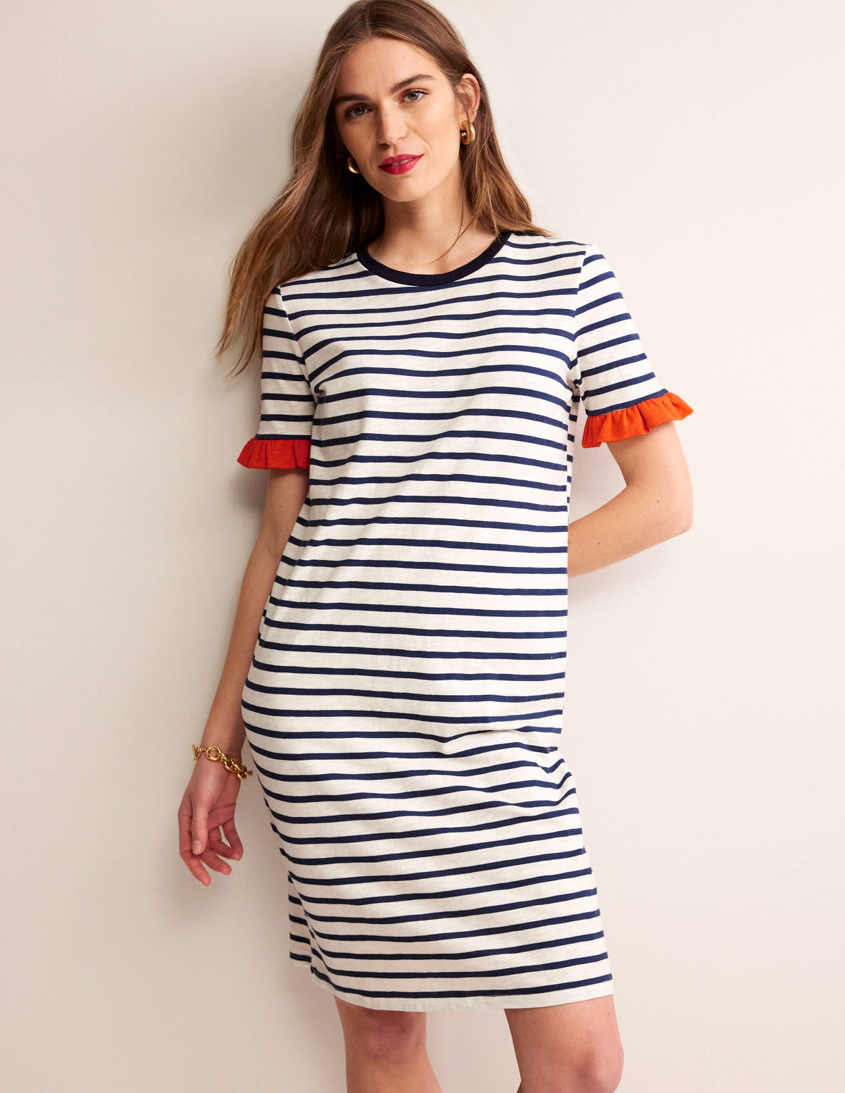 Emily Baumwollkleid mit Rüschen-Naturweiß/Navy, Gestreift - Image 4