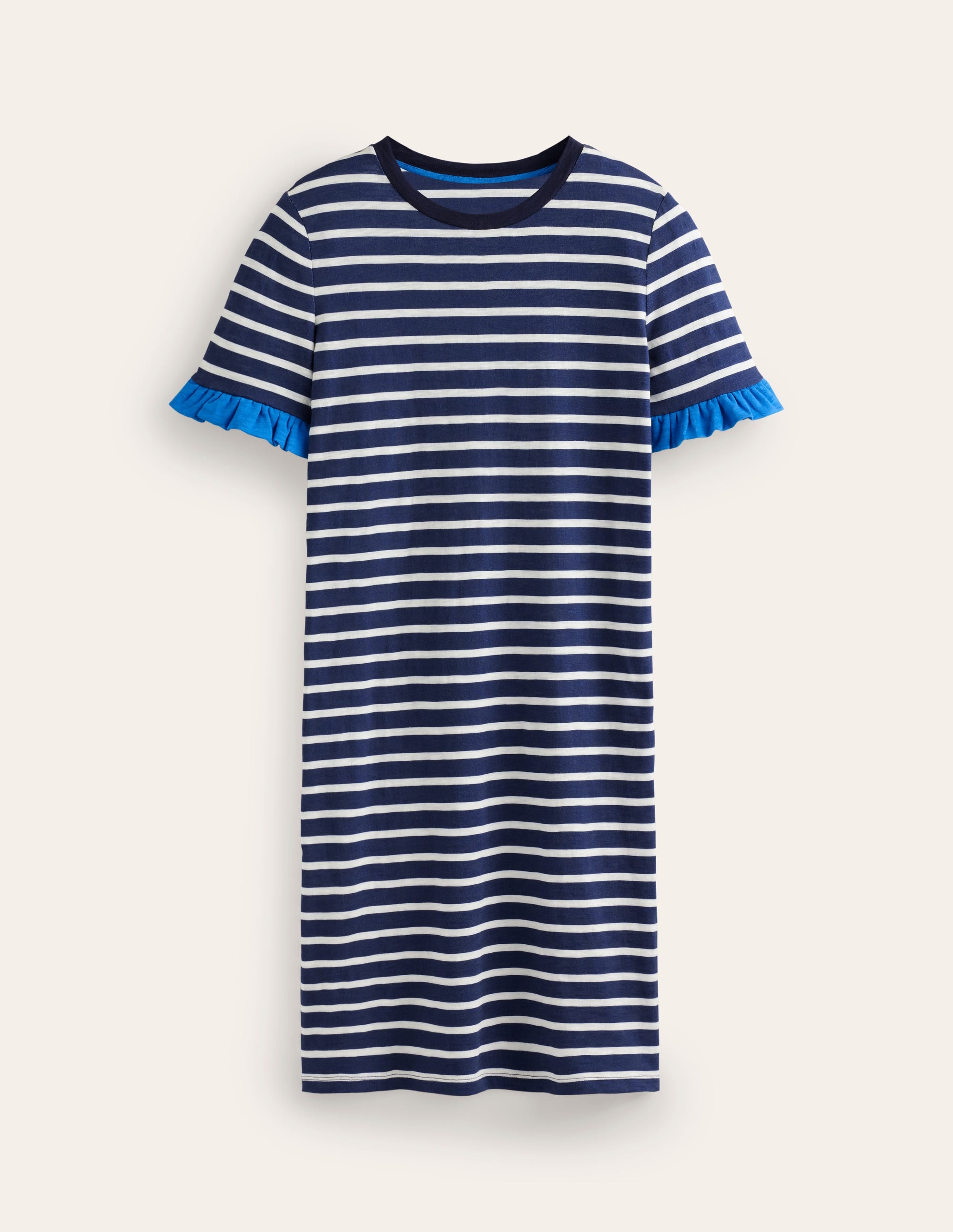 Emily Baumwollkleid mit Rüschen-Marineblau, Naturweiß Gestreift - Image 5