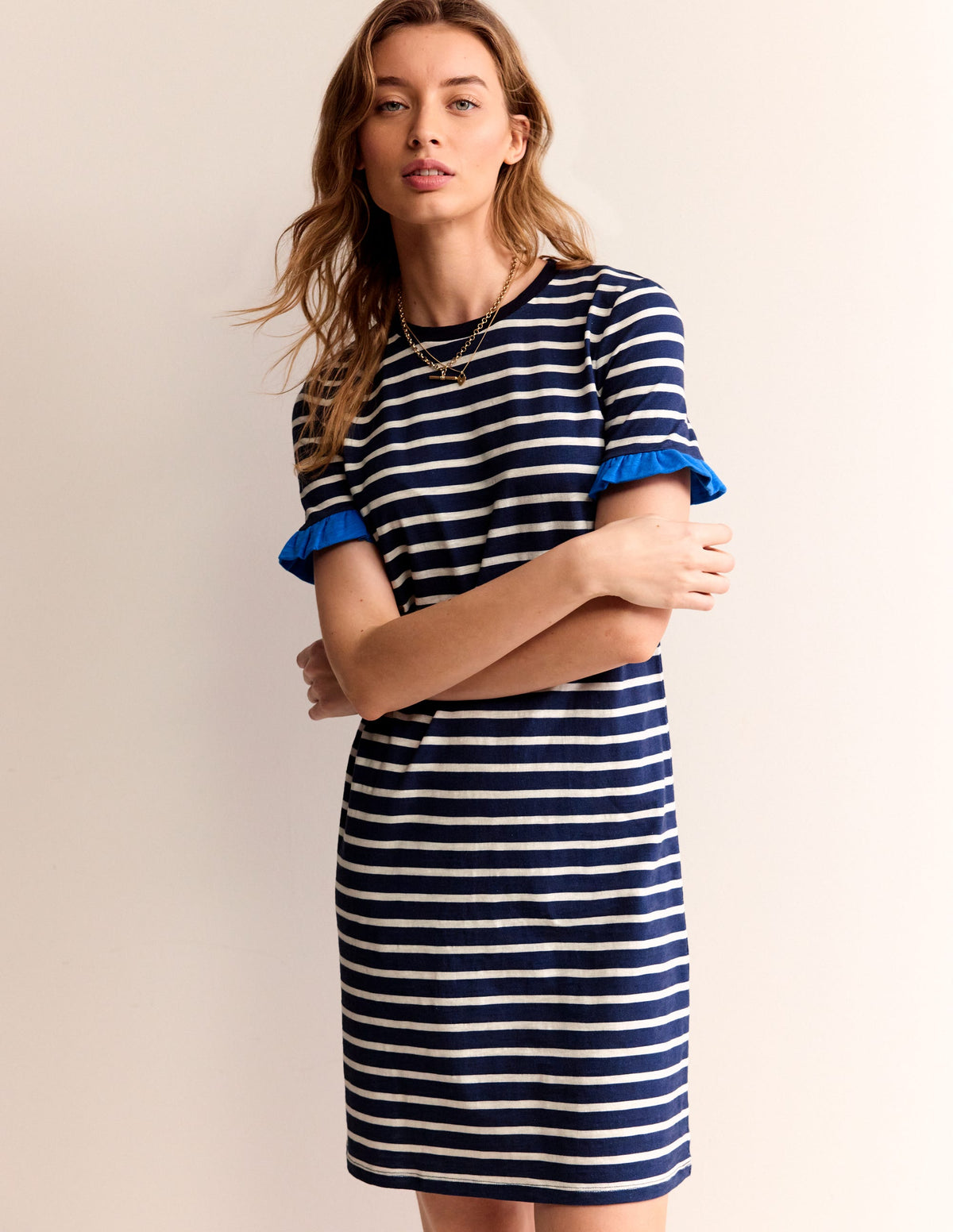 Emily Baumwollkleid mit Rüschen-Marineblau, Naturweiß Gestreift-2