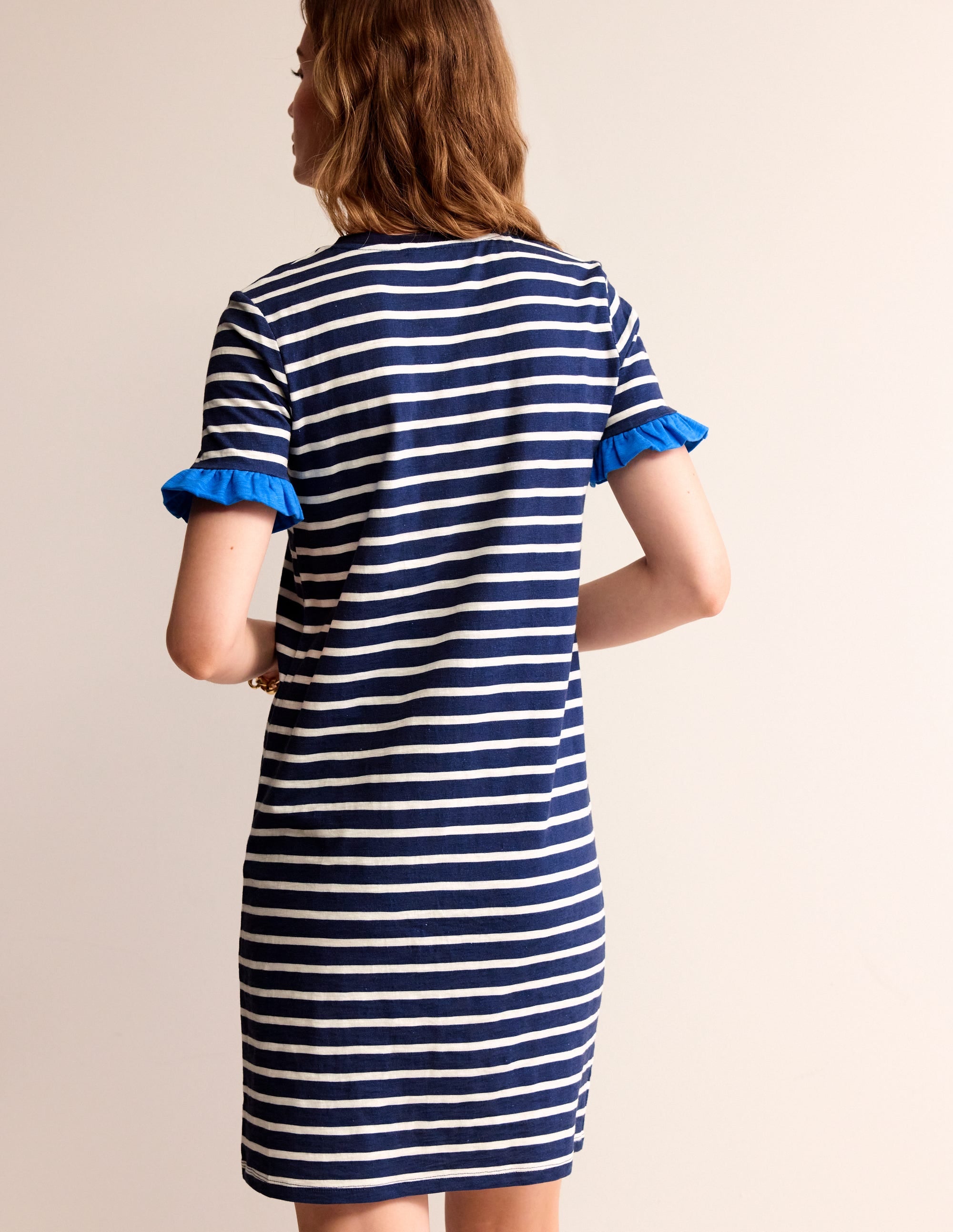 Emily Baumwollkleid mit Rüschen-Marineblau, Naturweiß Gestreift - Image 3