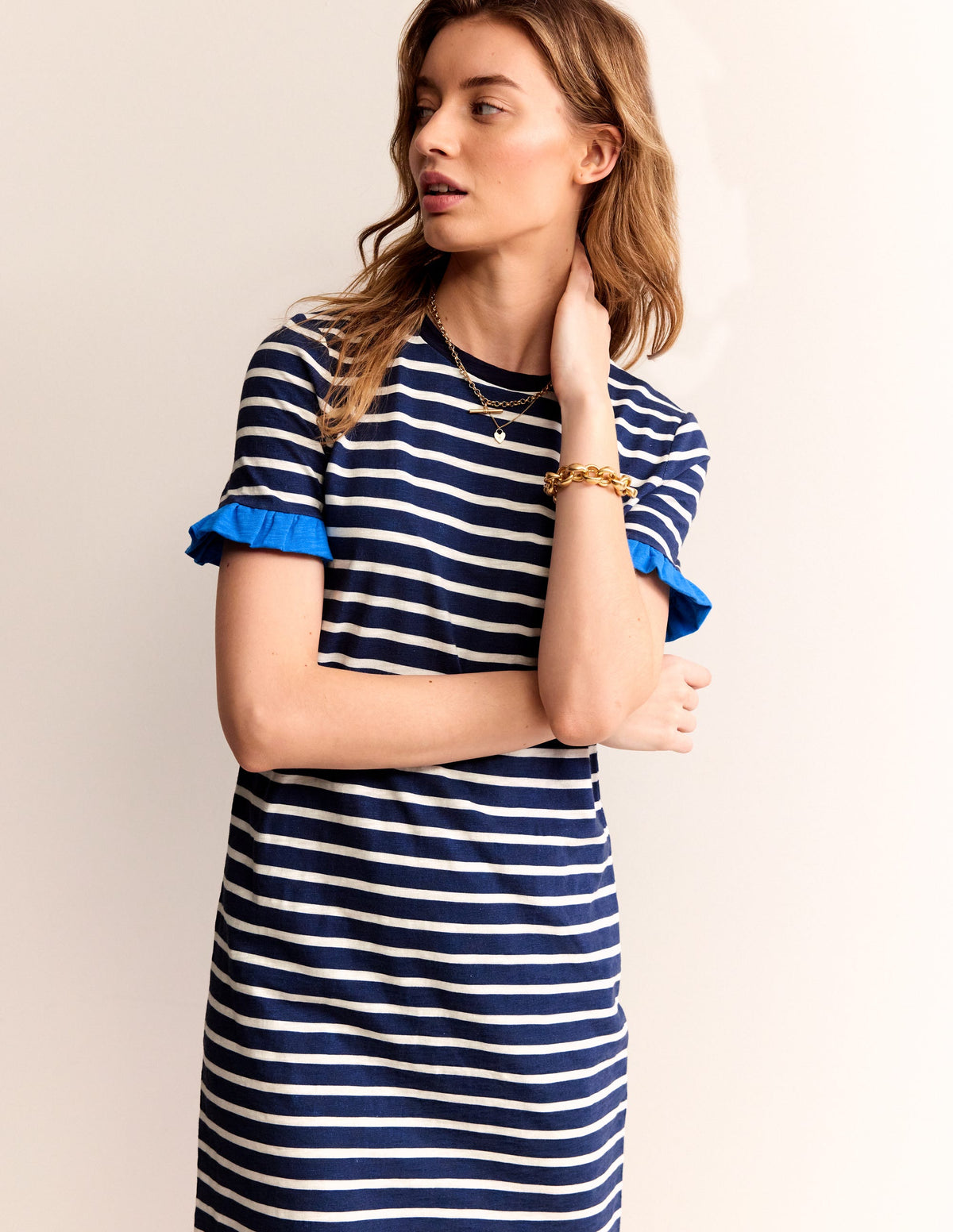 Emily Baumwollkleid mit Rüschen-Marineblau, Naturweiß Gestreift - Image 4