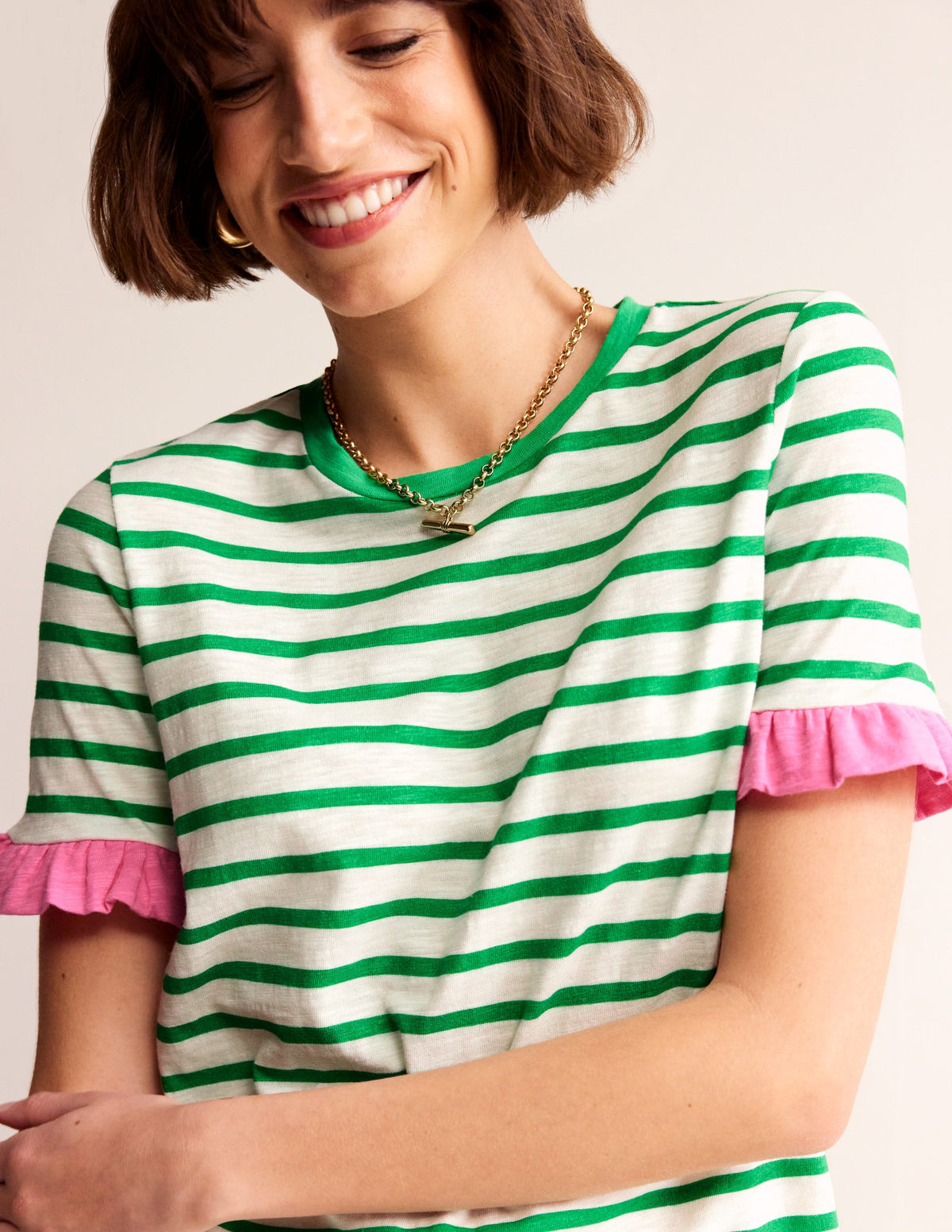 Emily Baumwollkleid mit Rüschen-Naturweiß, Grün Streifen-2