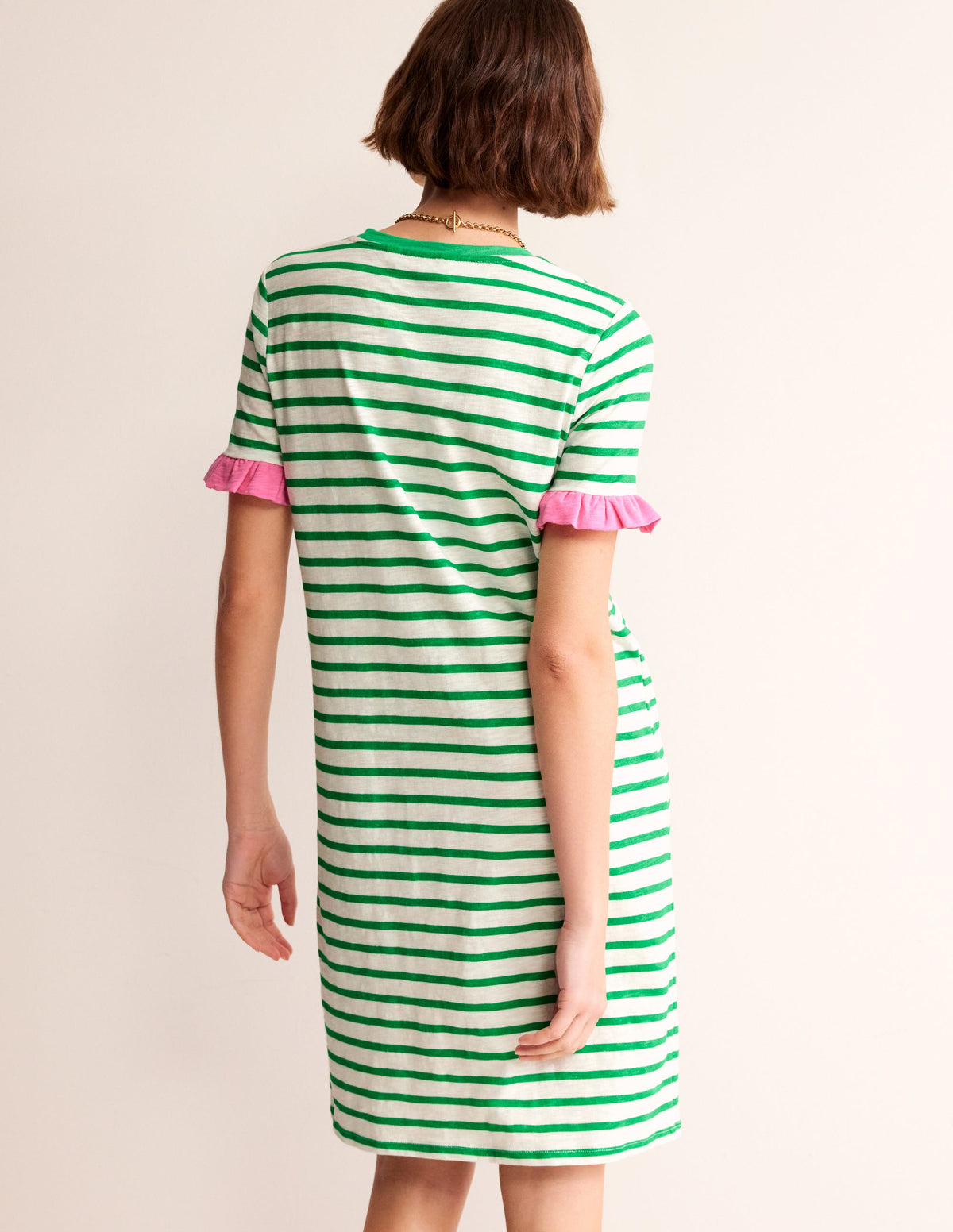 Emily Baumwollkleid mit Rüschen-Naturweiß, Grün Streifen - Image 3