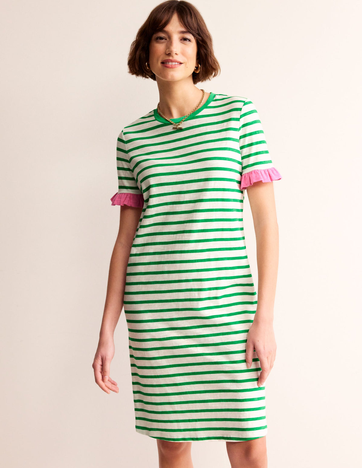 Emily Baumwollkleid mit Rüschen-Naturweiß, Grün Streifen - Image 4