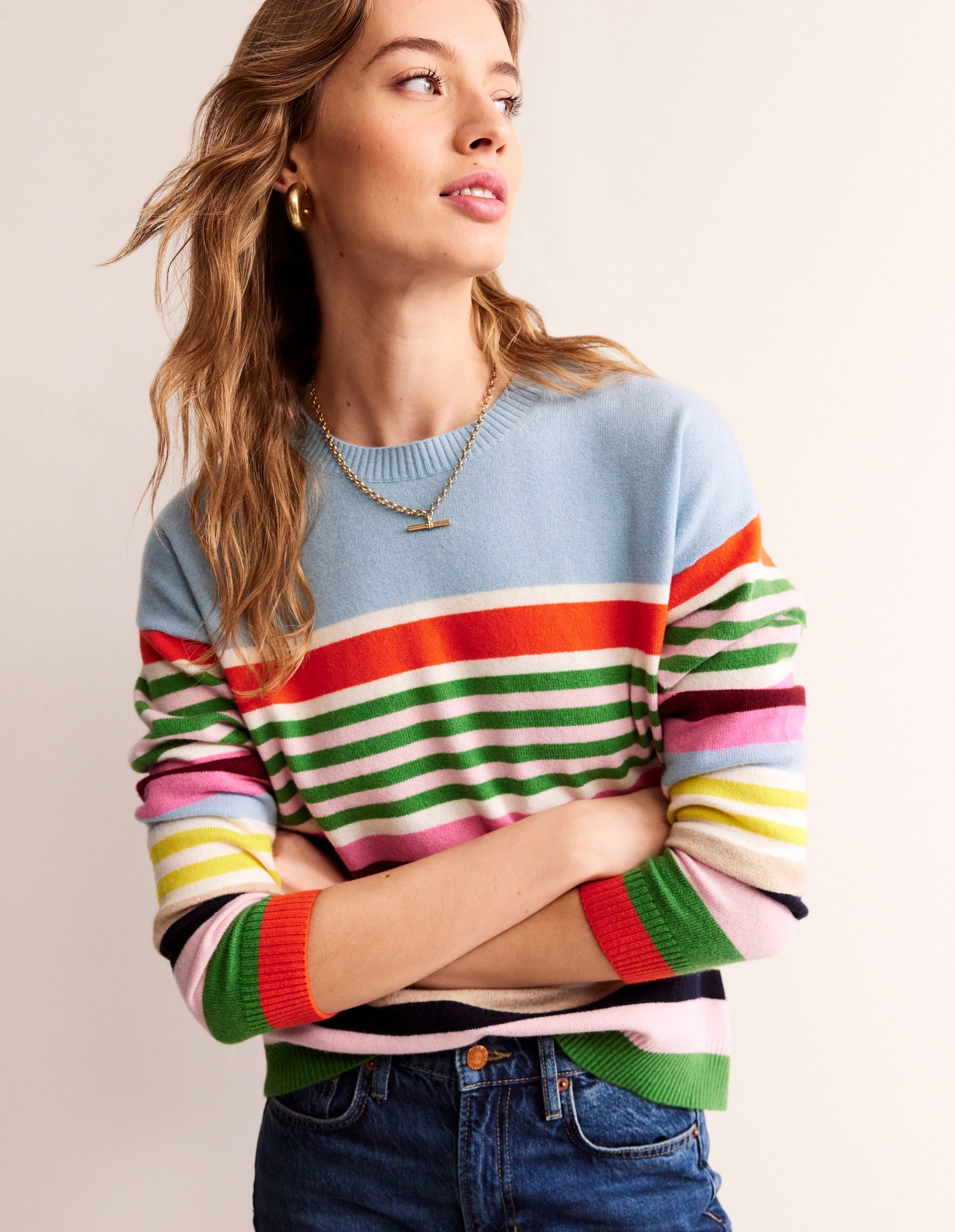 Lydia Cashmere Jumper-Light Blue, Orange Stripe-4