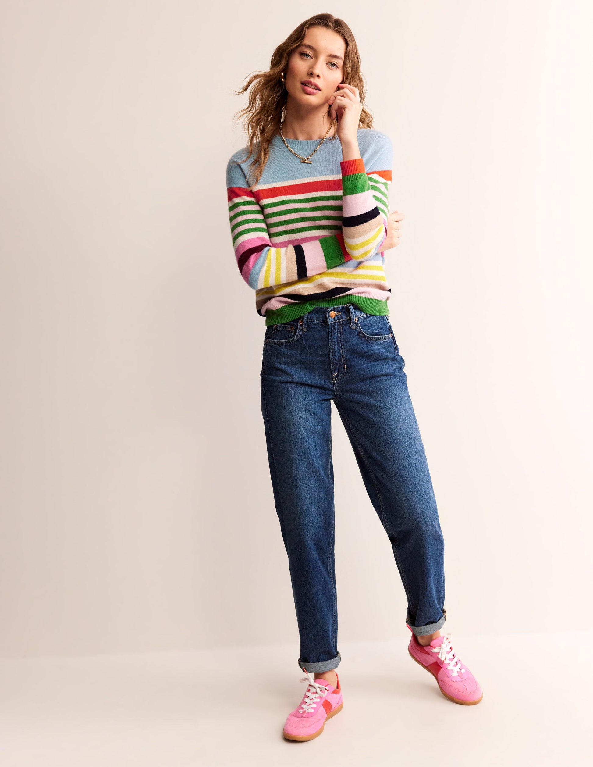Lydia Cashmere Jumper-Light Blue, Orange Stripe-5