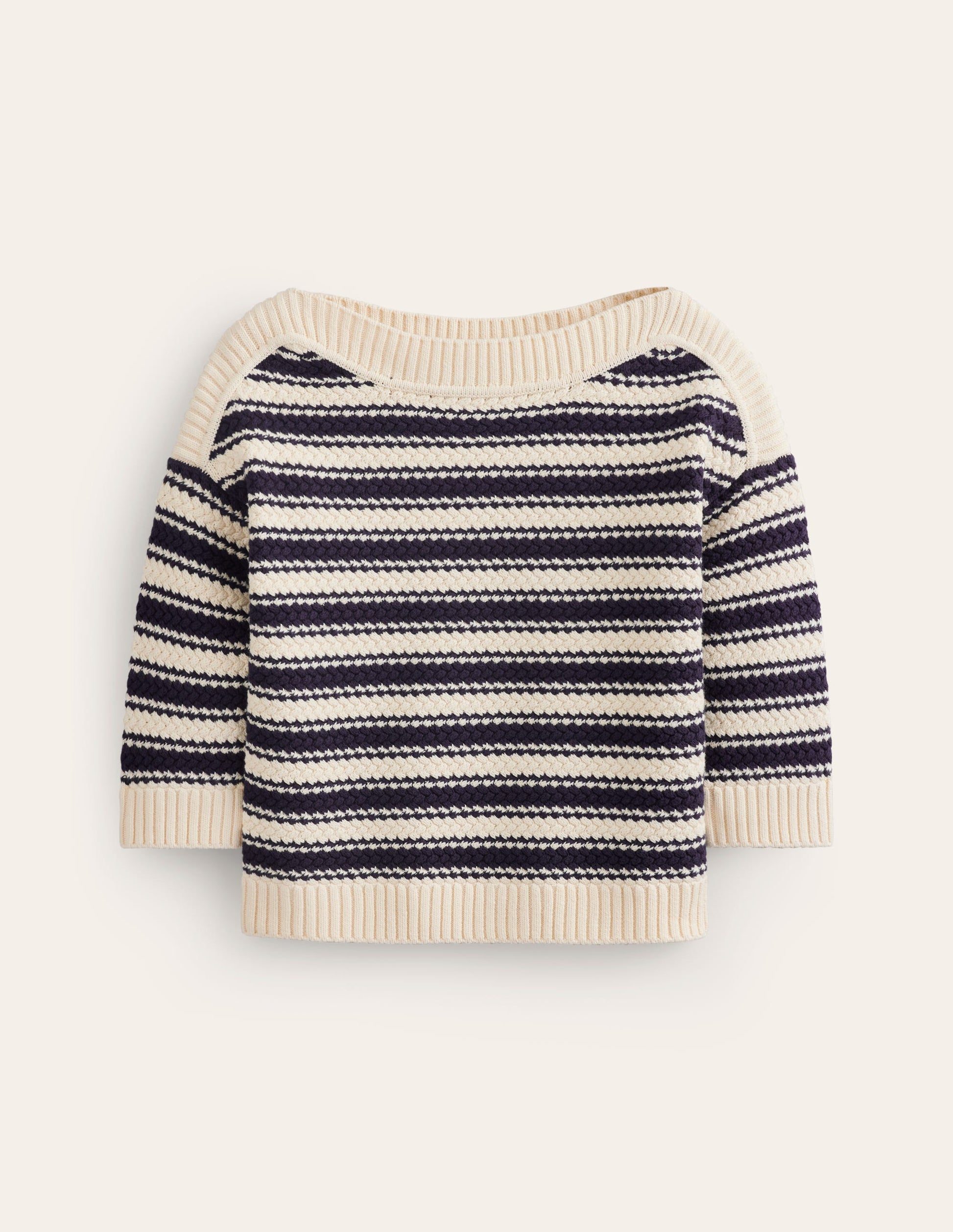 Texturierter Baumwollpullover mit Streifen-Marineblau, Naturweiß texturierte Streifen-5