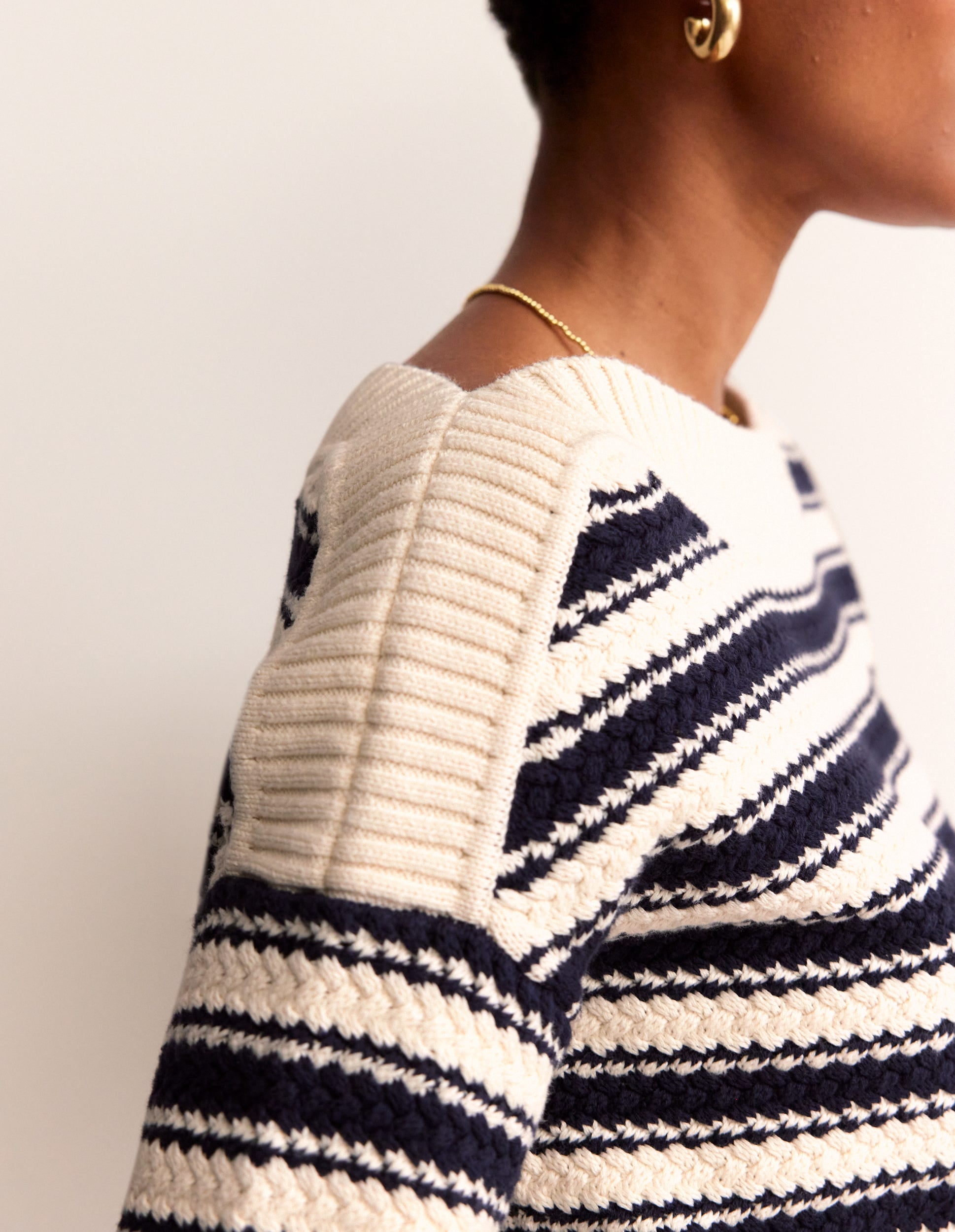 Texturierter Baumwollpullover mit Streifen-Marineblau, Naturweiß texturierte Streifen-3