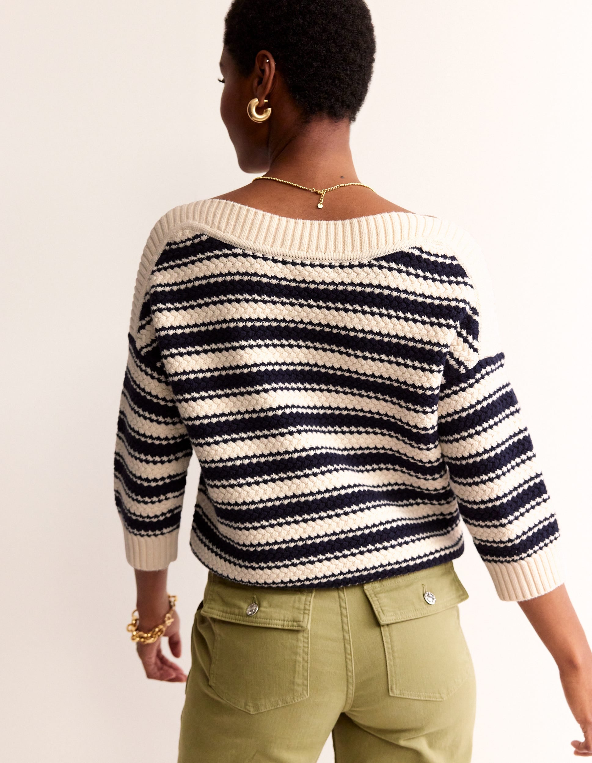 Texturierter Baumwollpullover mit Streifen-Marineblau, Naturweiß texturierte Streifen - Image 4