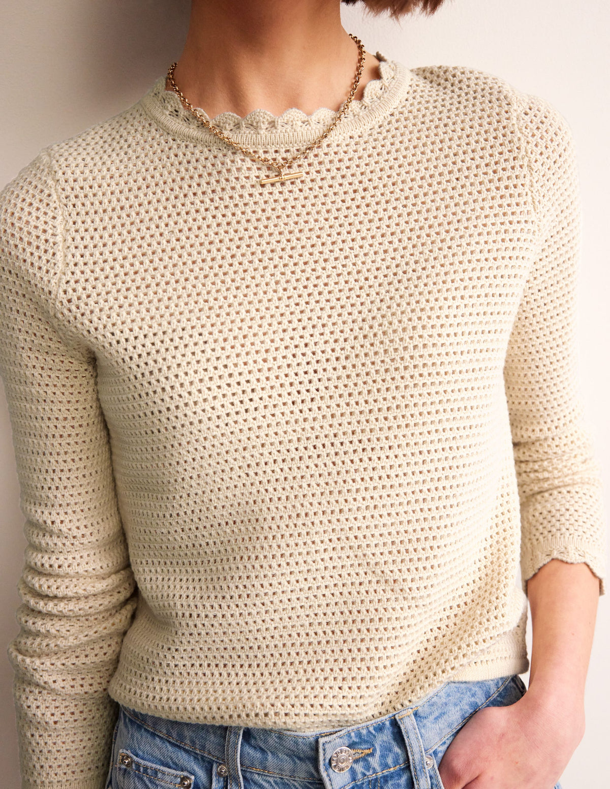 Texturierter Pullover mit Muschelsaum-Warmes Naturweiß-2