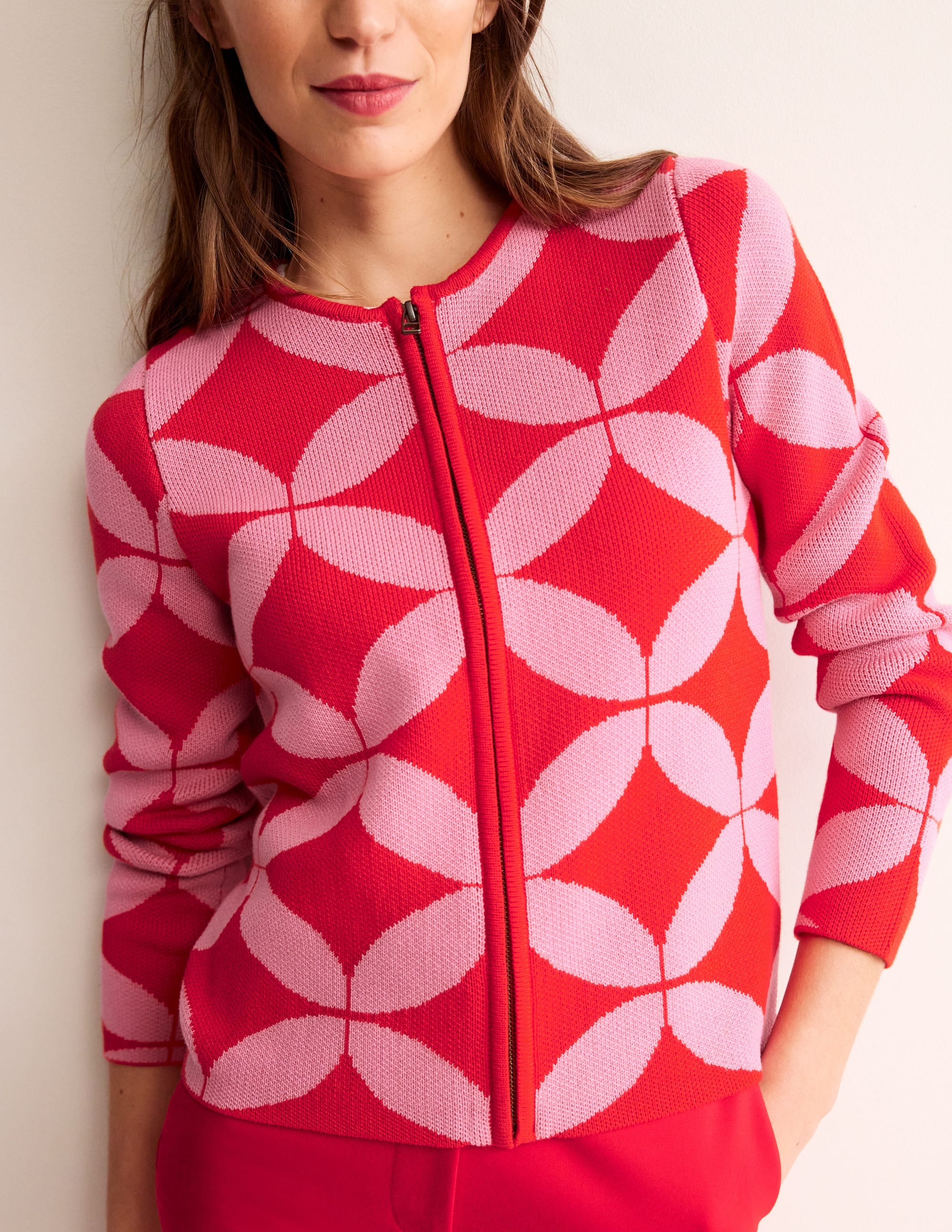 Jacquard Zip Up Cardigan-Ruby Red, Diamond Terrace - Image 2