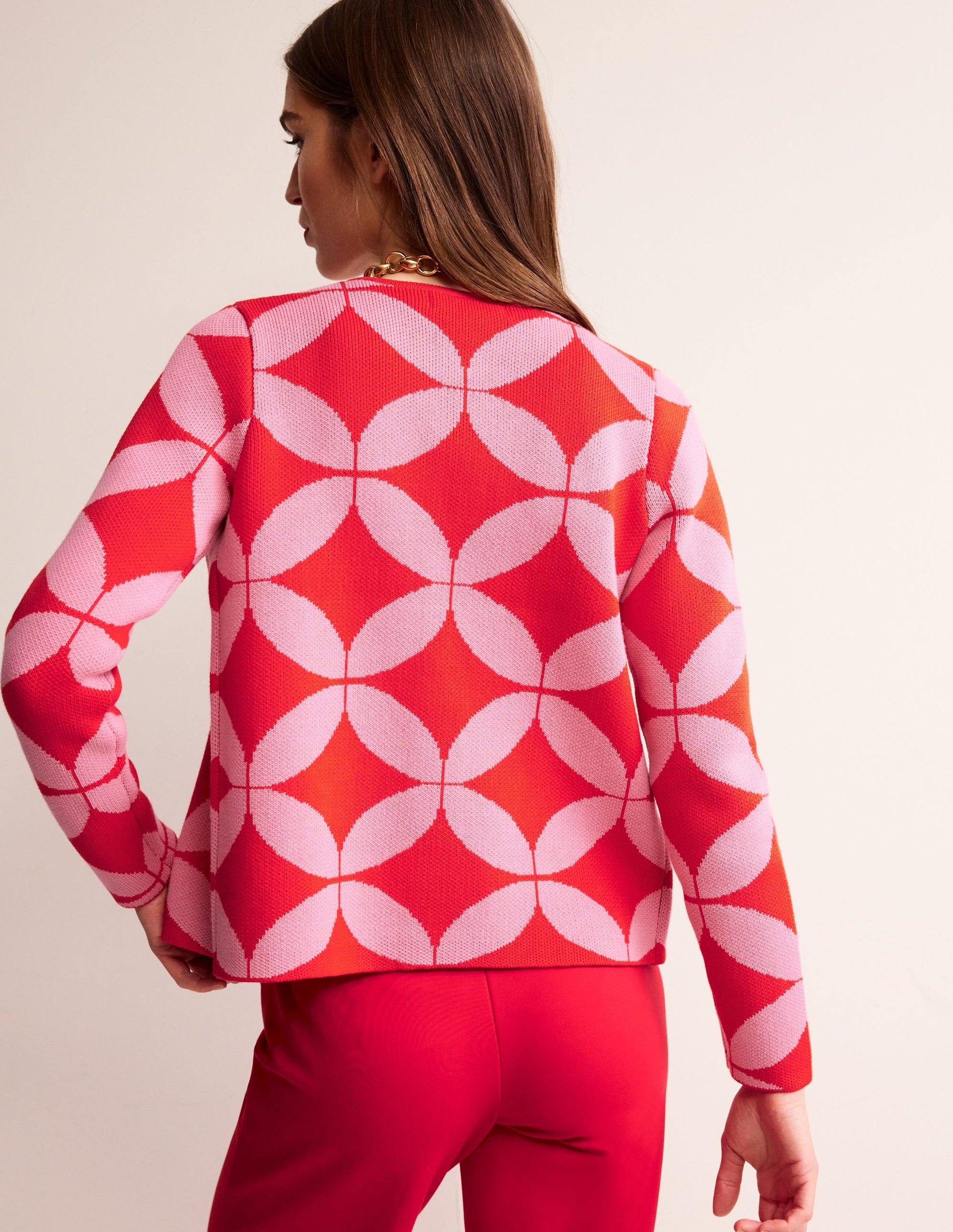 Jacquard Zip Up Cardigan-Ruby Red, Diamond Terrace-3