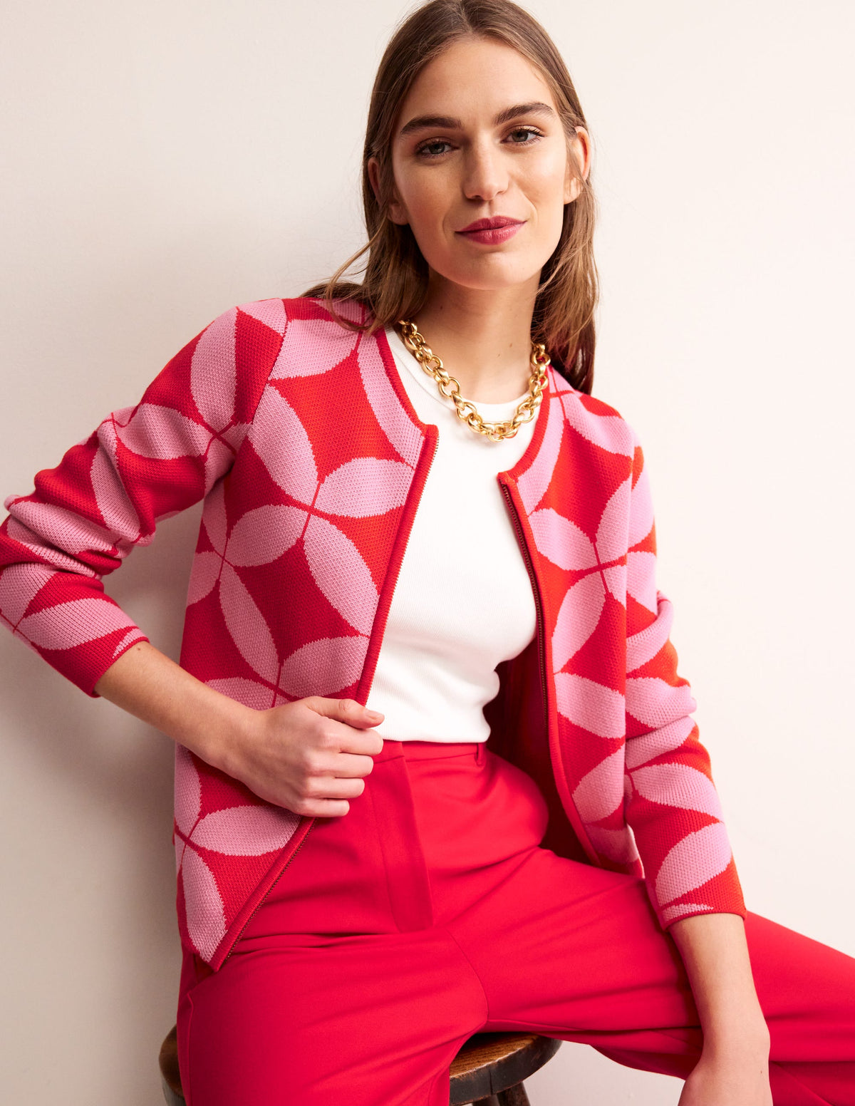 Jacquard Zip Up Cardigan-Ruby Red, Diamond Terrace - Image 4