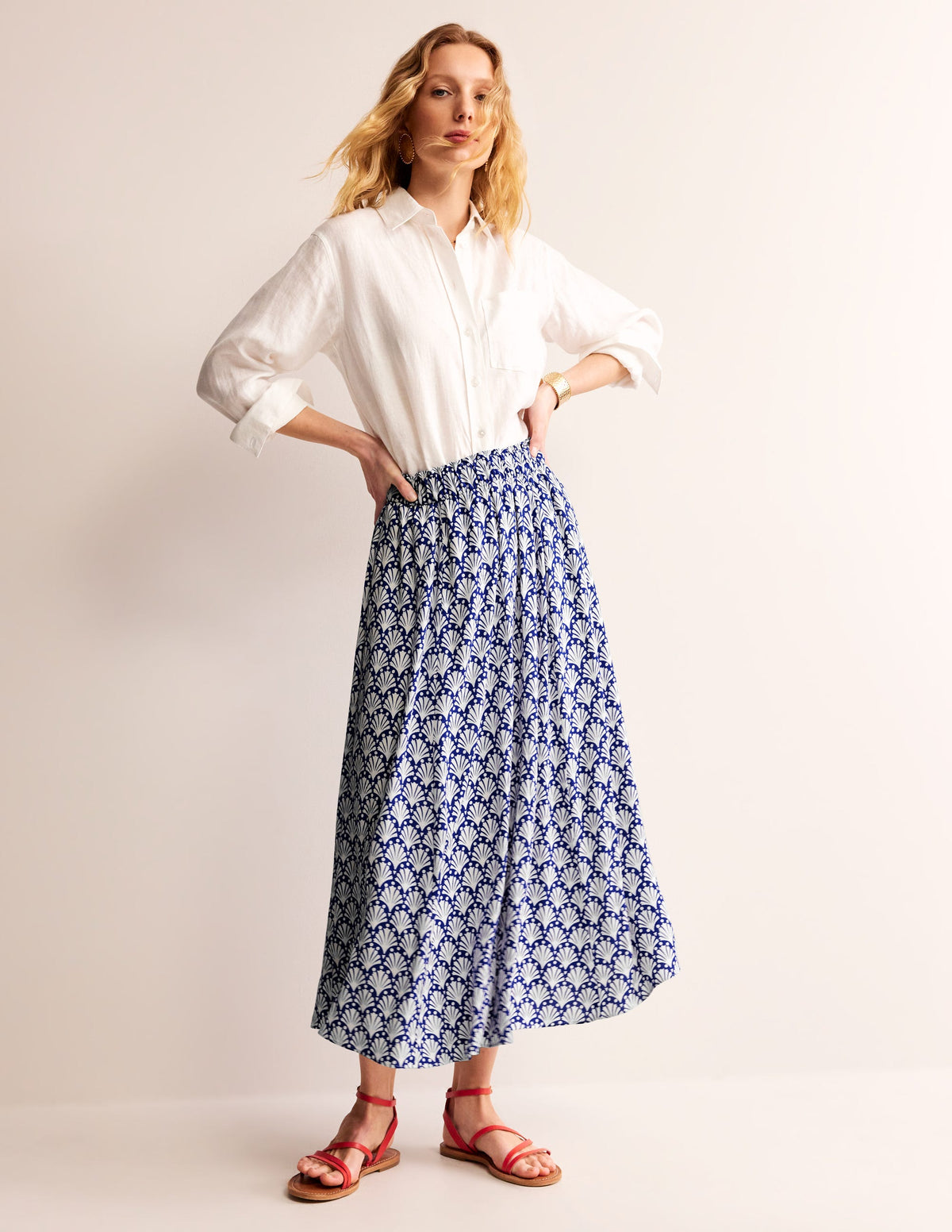 Crinkle Midi Skirt-Surf the Web, Ivory Shells-1