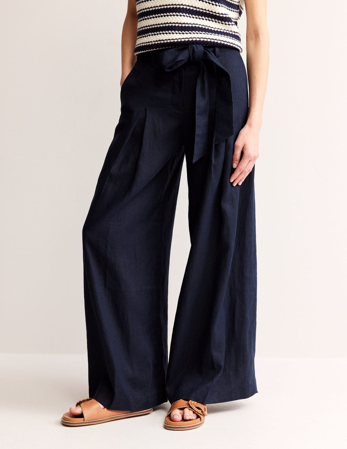 Palazzo Linen Trousers-Navy-4