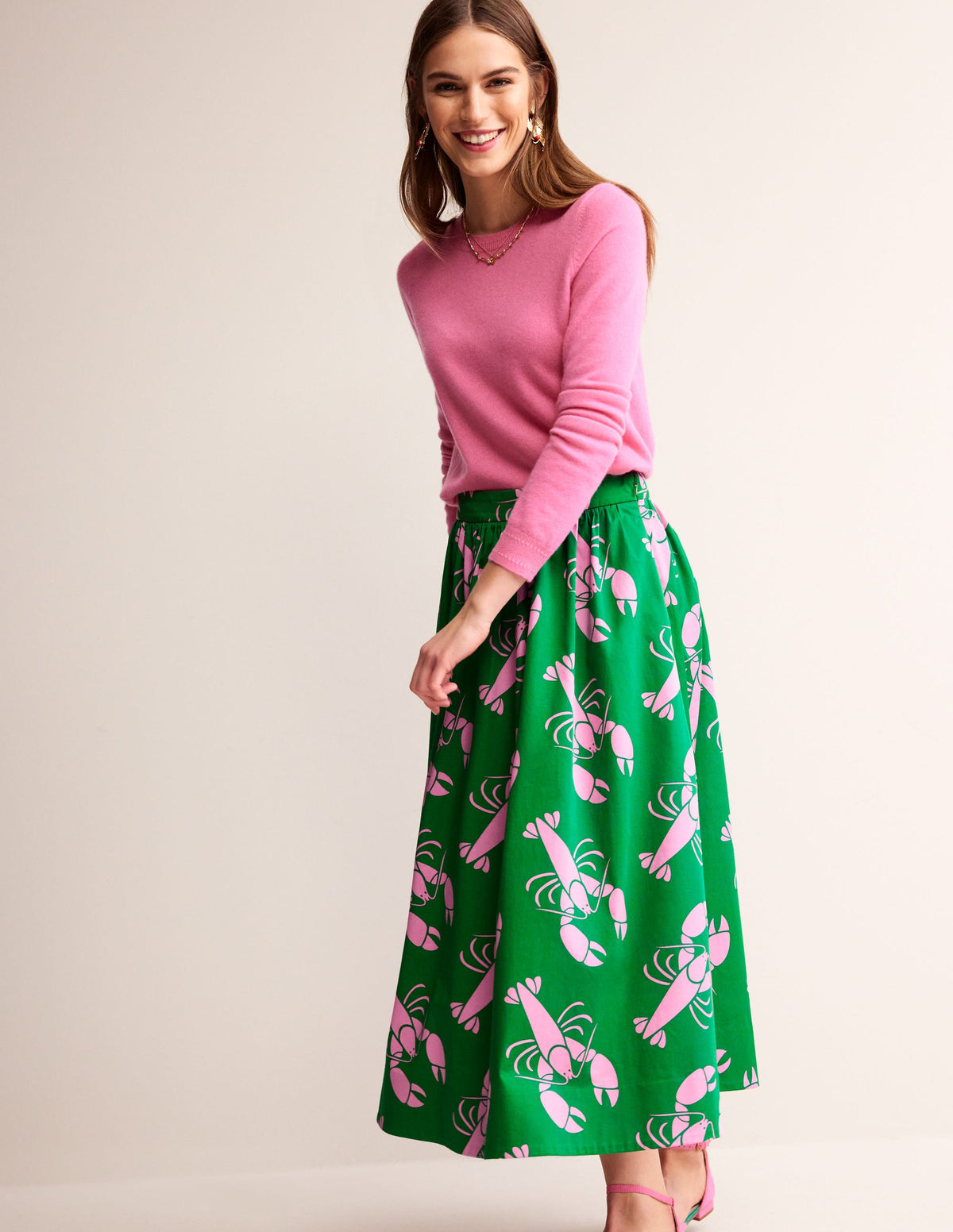 Jupe Layla en satin de coton-Vert tambourin, homard - Image 1