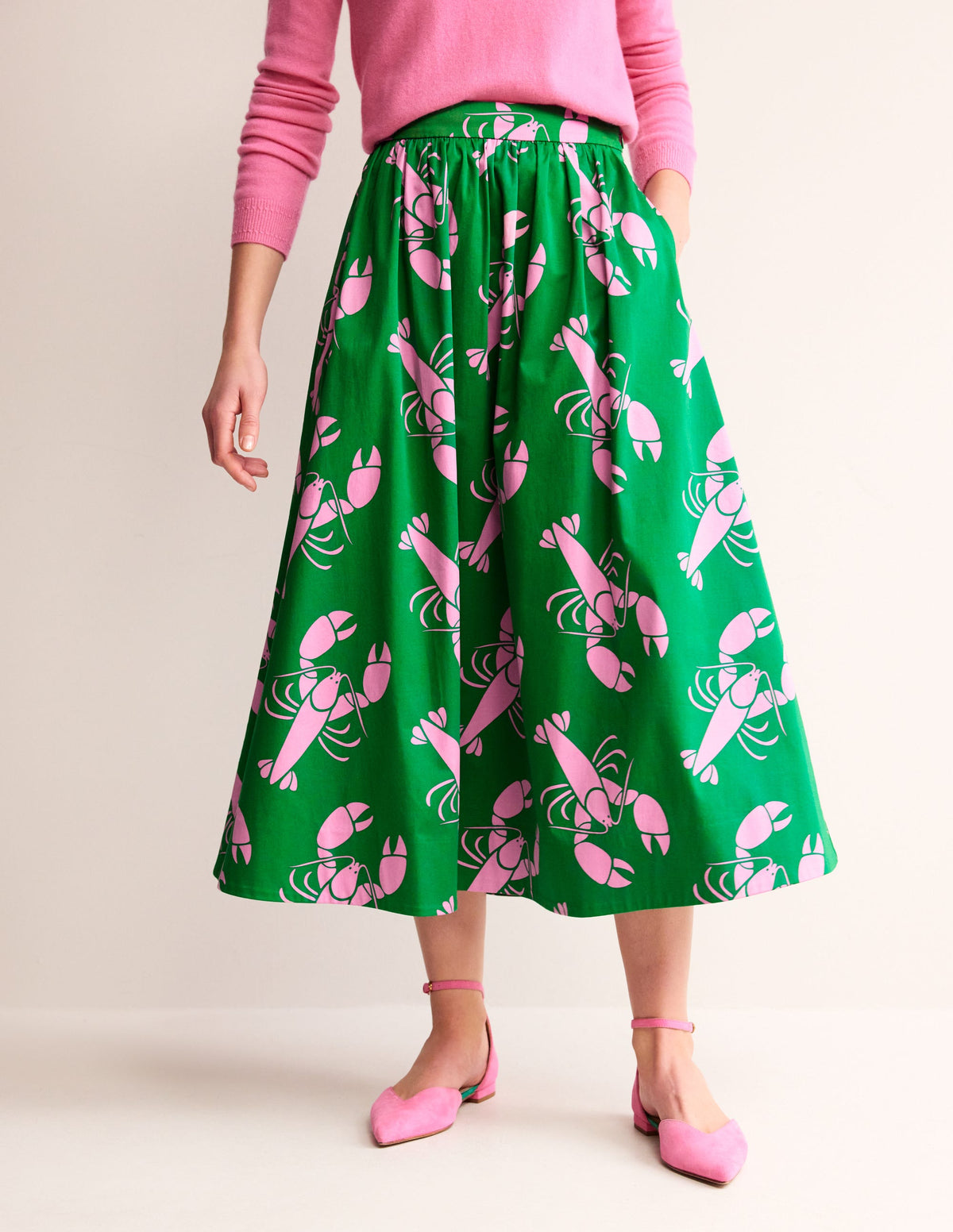 Jupe Layla en satin de coton-Vert tambourin, homard-2