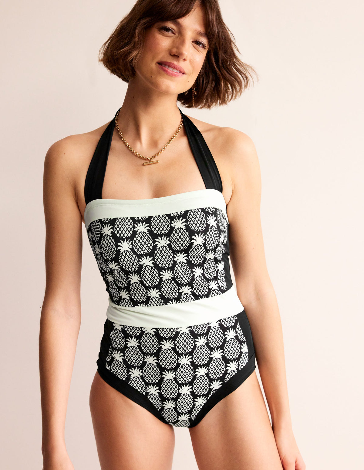 Santorini Neckholder-Badeanzug-Schwarz, Ananas Geo - Image 2