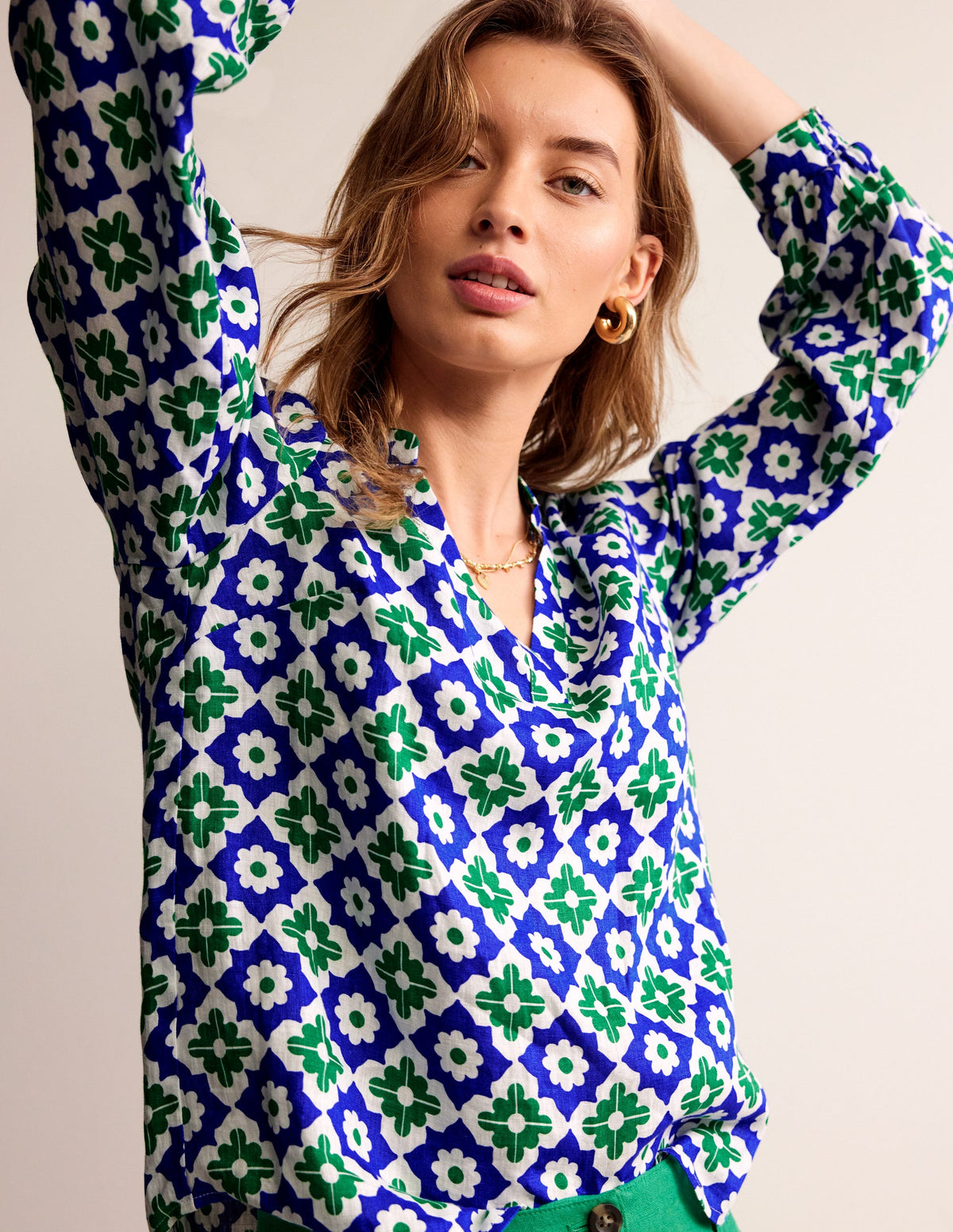 Alice Linen Top-Green, Geometric Stamp - Image 1