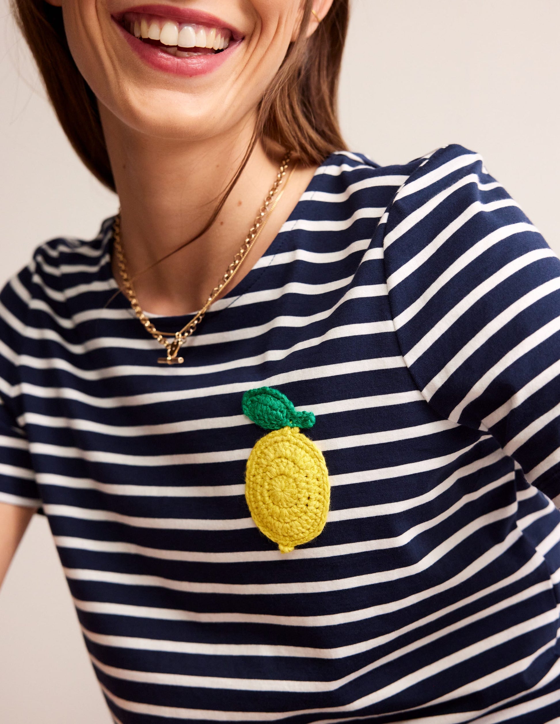 T-shirt en crochet-Bleu marine, citrons ivoire-2