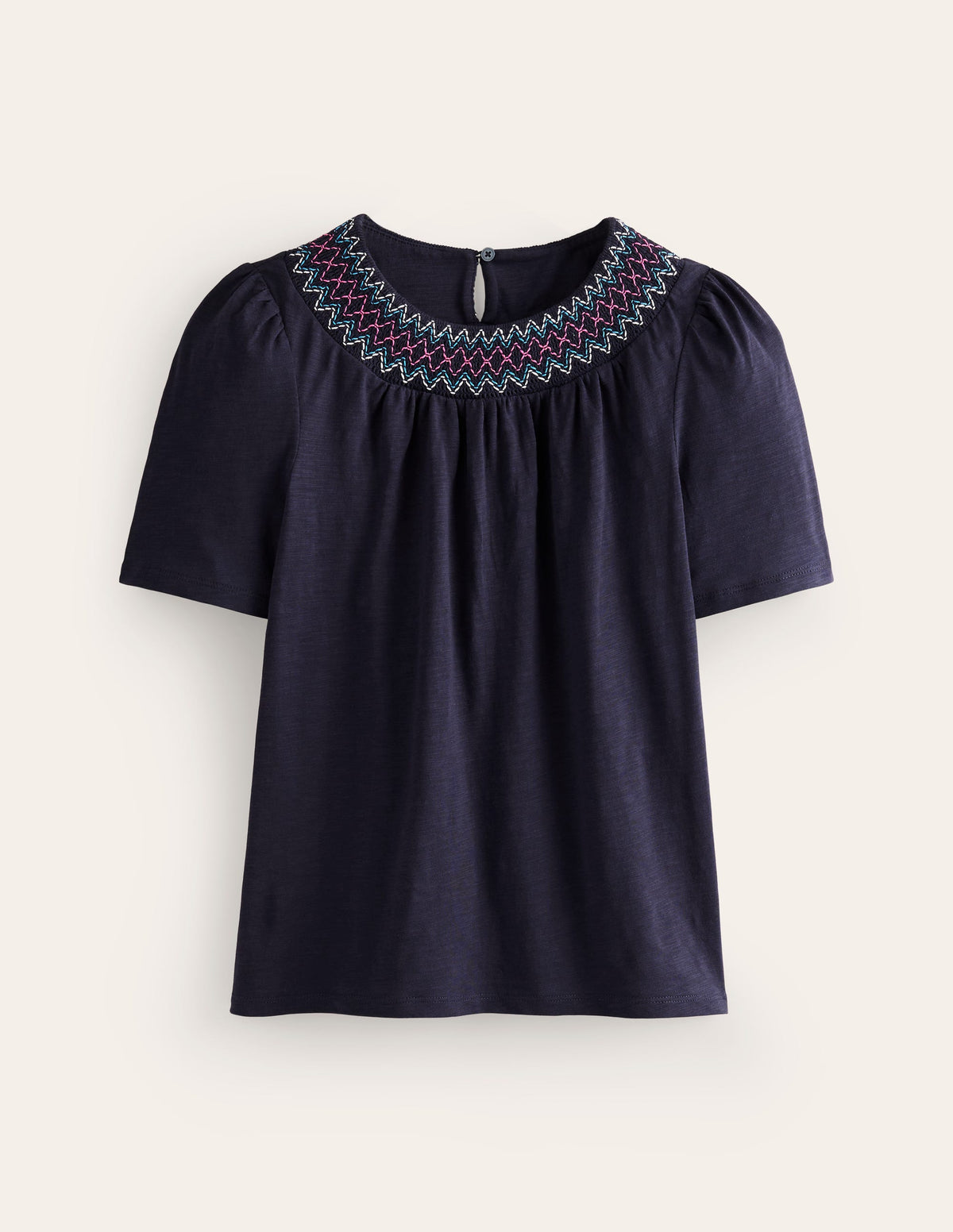 Smock Neck Puff Sleeve Top-Navy-5
