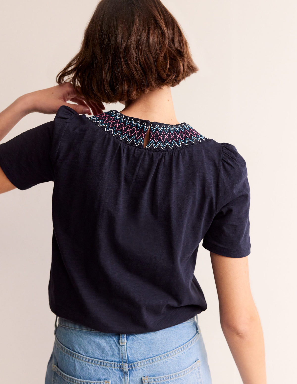 Smock Neck Puff Sleeve Top-Navy-3