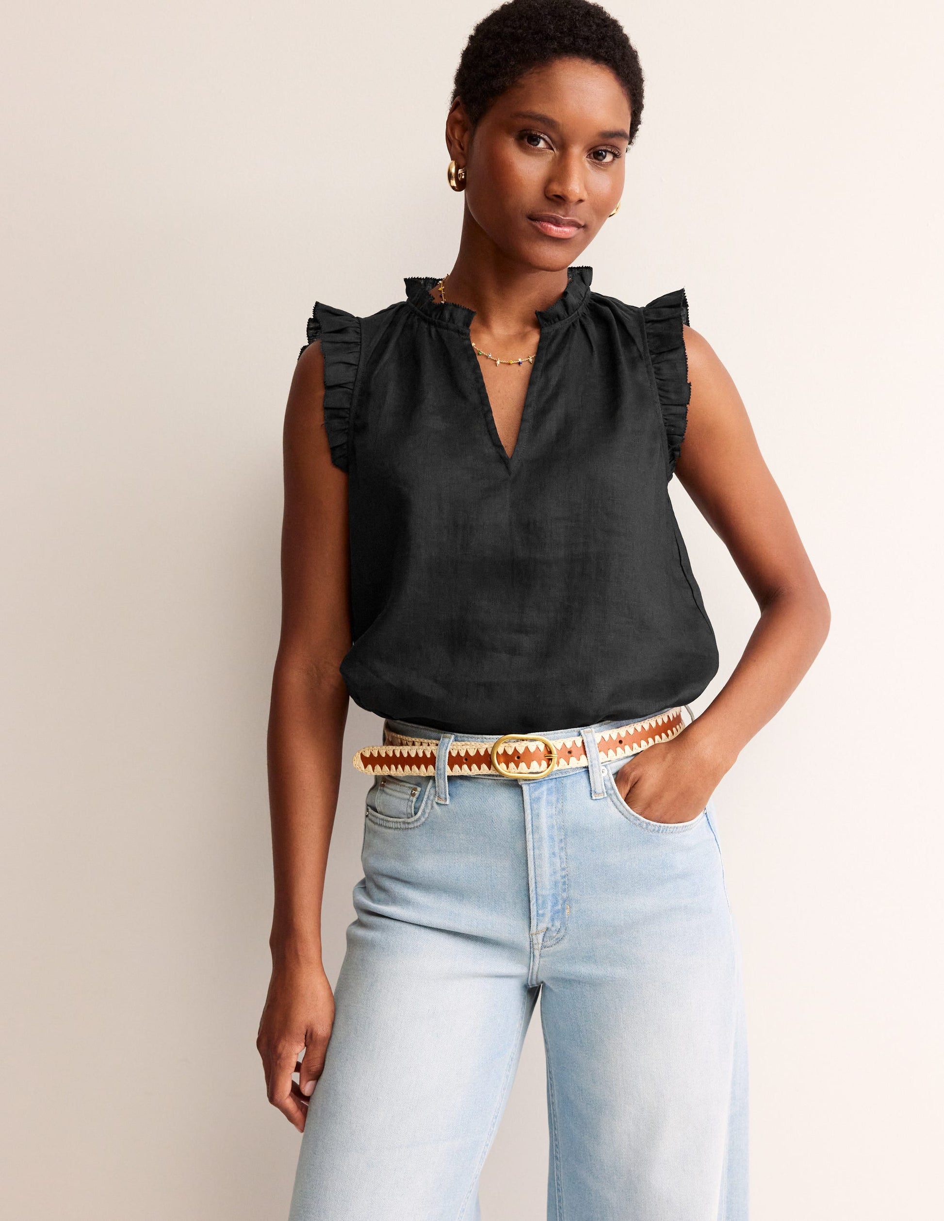 Frill Sleeve Linen Notch Top-Black-1