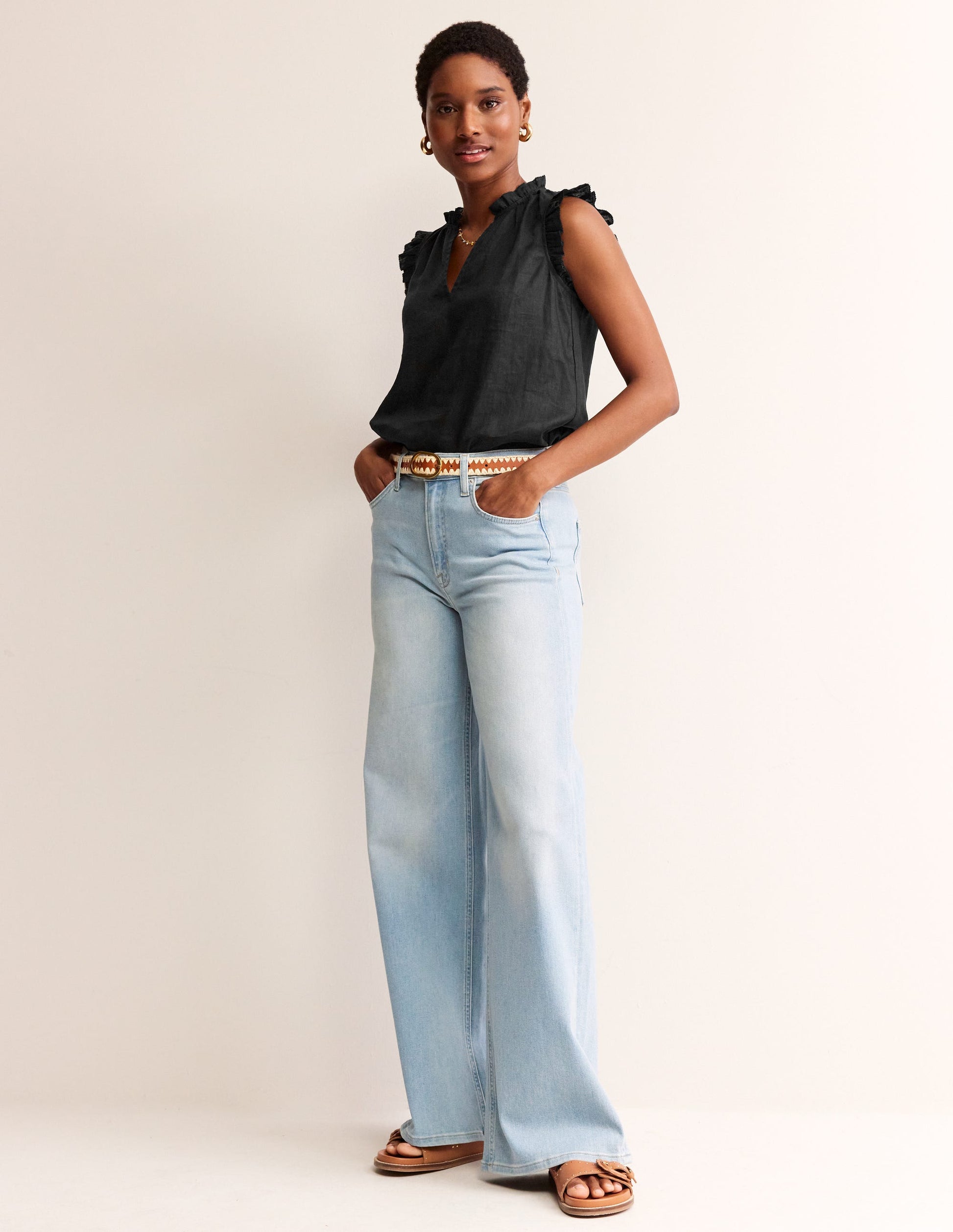 Frill Sleeve Linen Notch Top-Black-4
