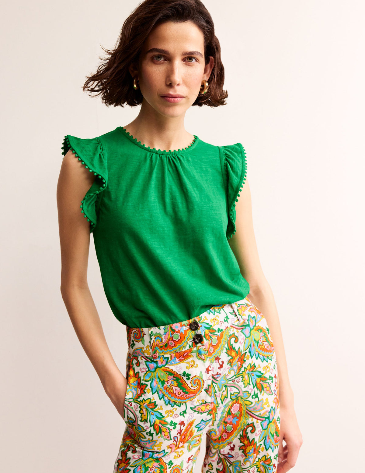 Pom Trim Ruffle Sleeve Top-Green Tambourine-1
