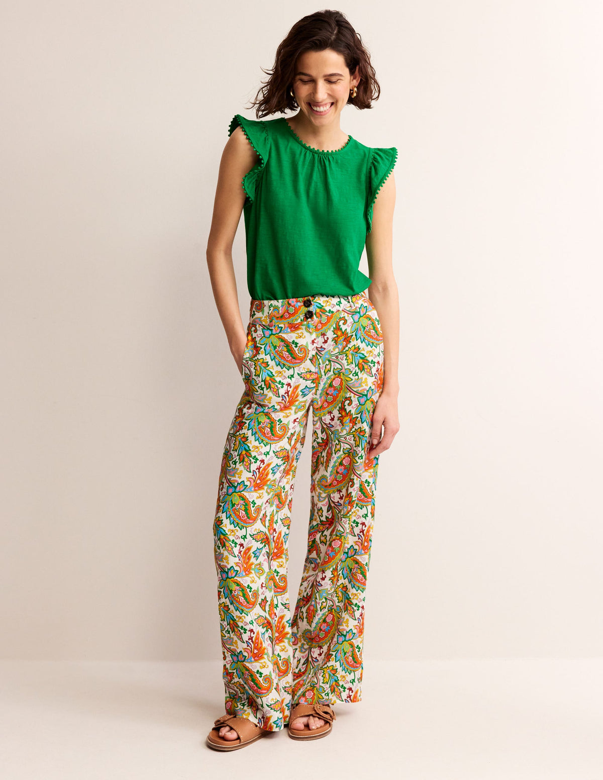 Pom Trim Ruffle Sleeve Top-Green Tambourine - Image 4