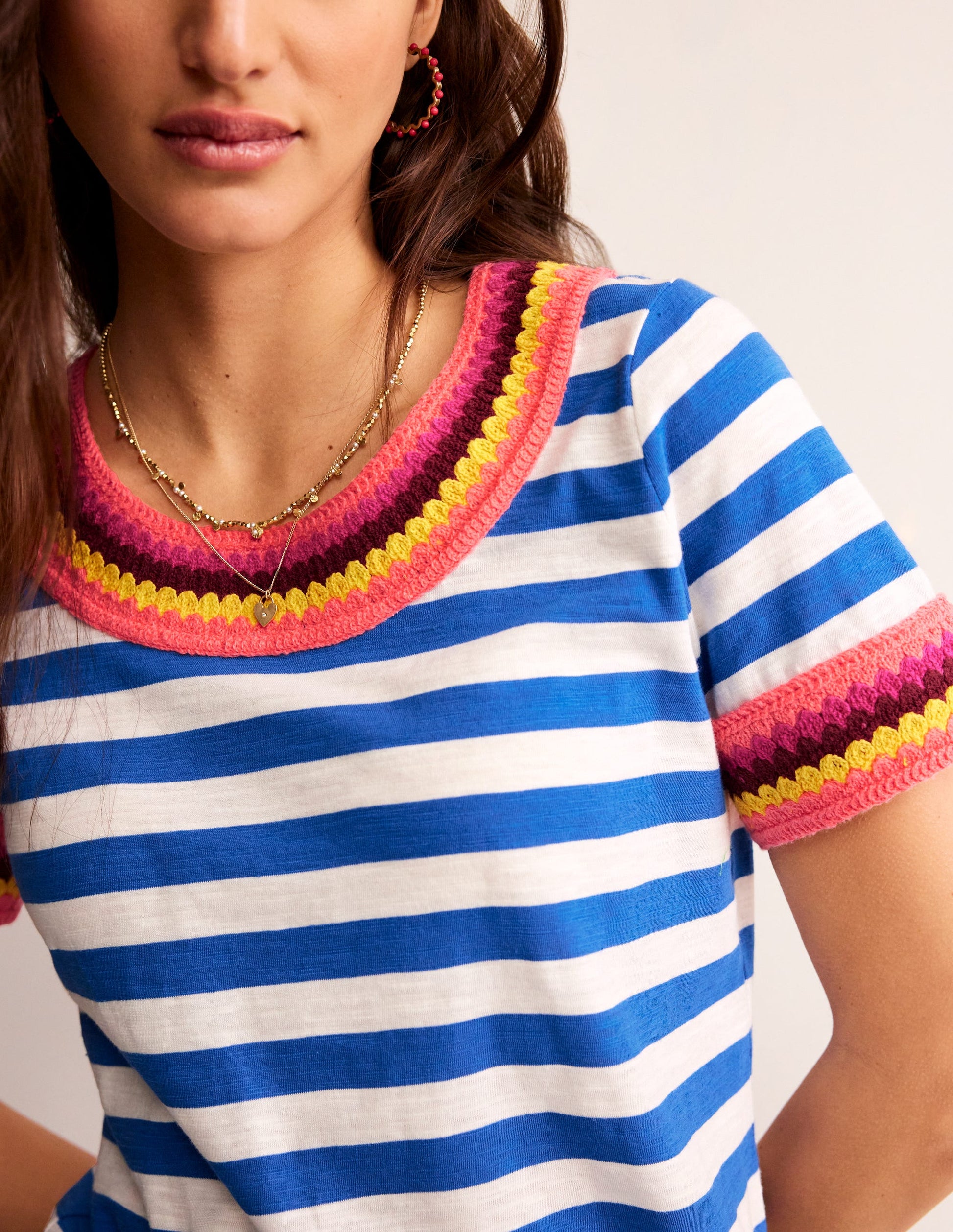 T-Shirt mit Häkeldetails-Blau, Naturweiß-2