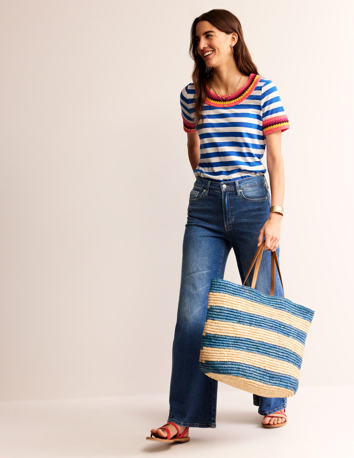 T-Shirt mit Häkeldetails-Blau, Naturweiß-4