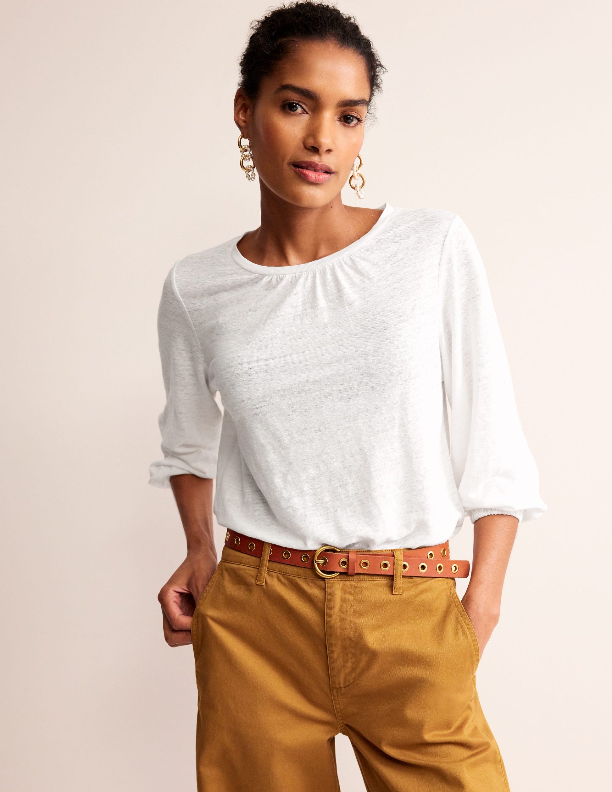 Gathered Neck Linen Jersey Top-White-1