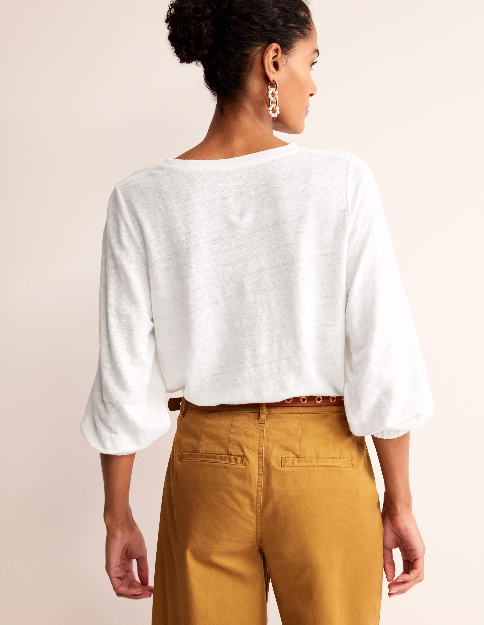 Gathered Neck Linen Jersey Top-White - Image 3