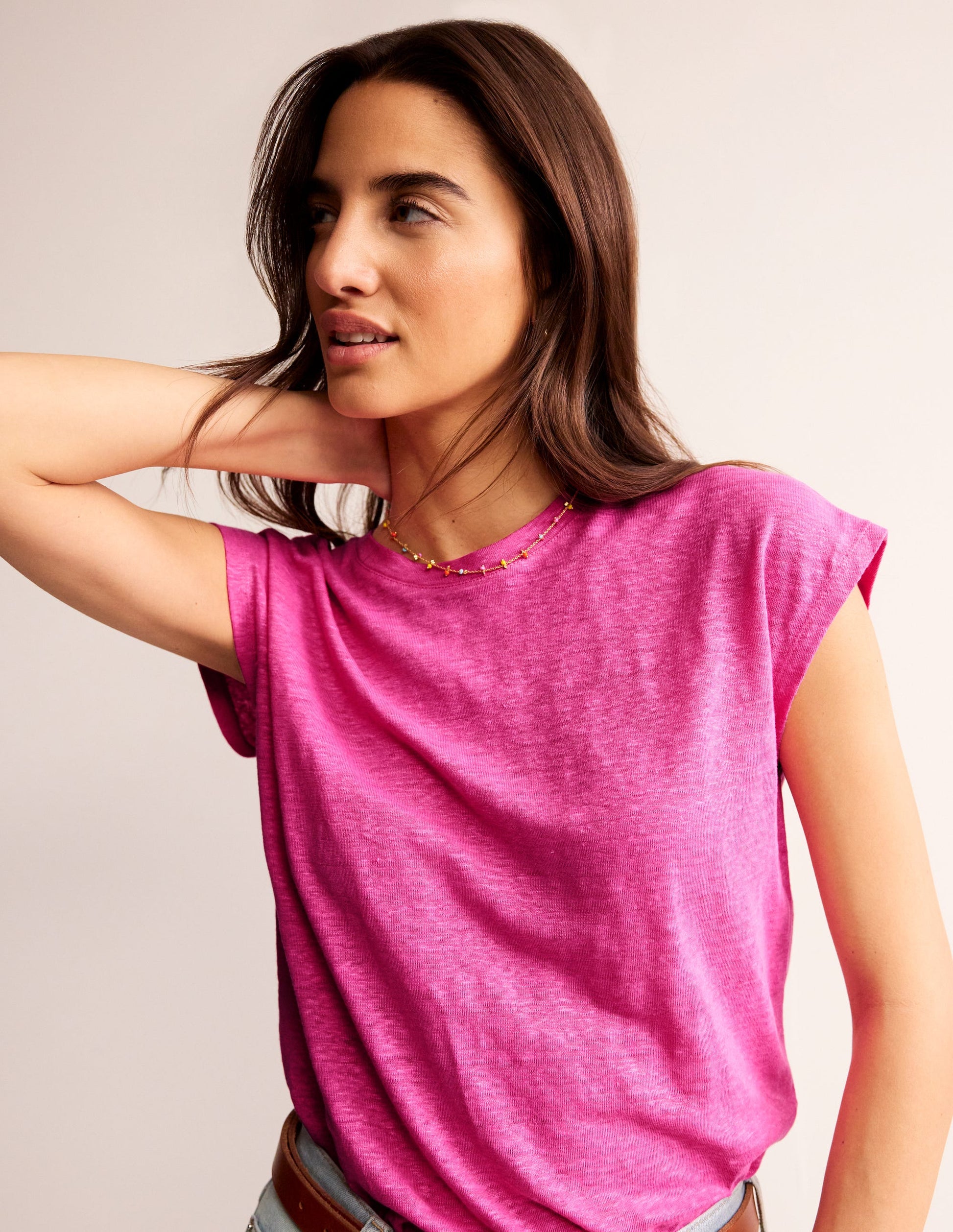 Louisa Crew Neck Linen T-shirt-Sangria Sunset-1