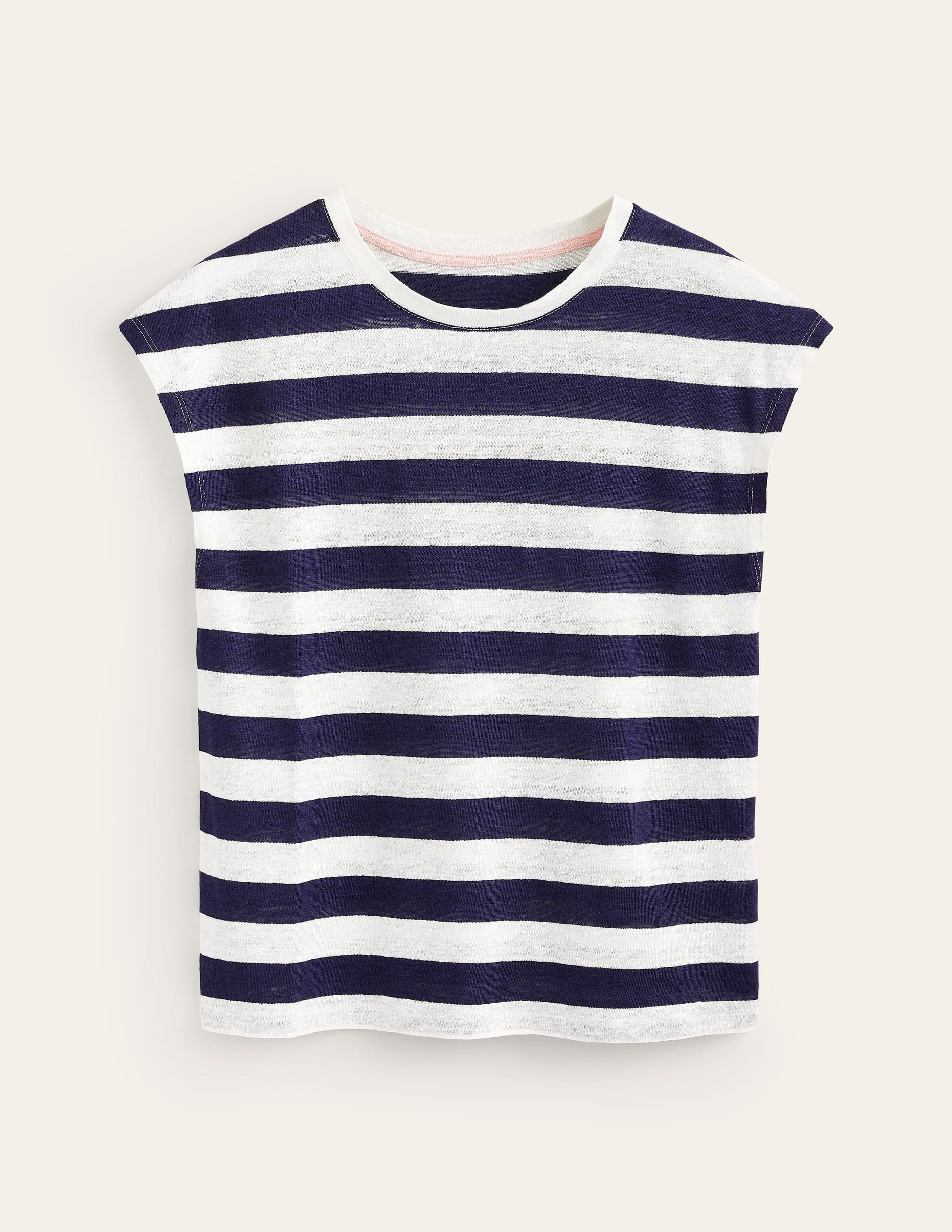 T-shirt col rond Louisa en lin-Bleu marine, rayé ivoire-5