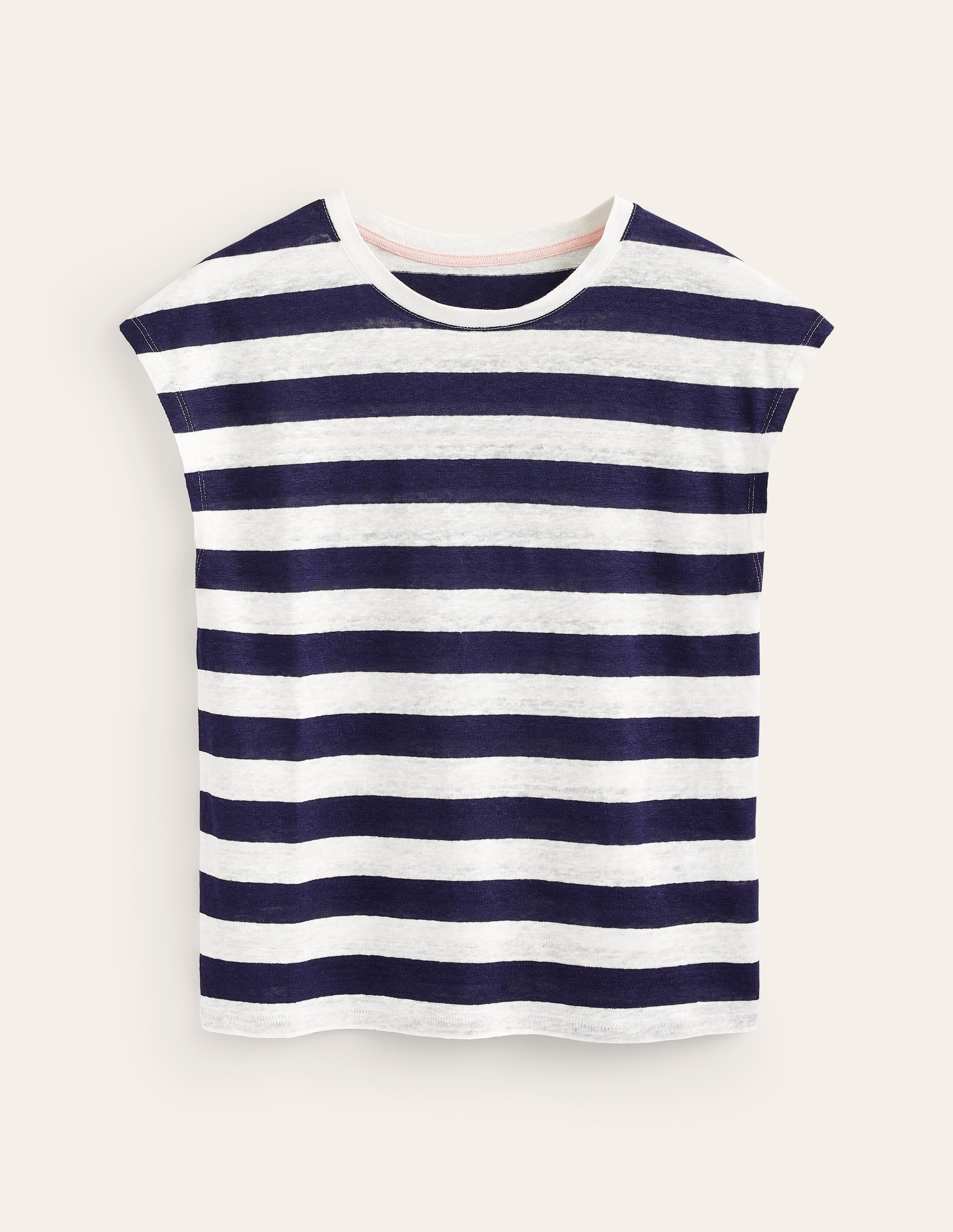 T-shirt col rond Louisa en lin-Bleu marine, rayé ivoire - Image 5