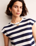 T-shirt col rond Louisa en lin-Bleu marine, rayé ivoire