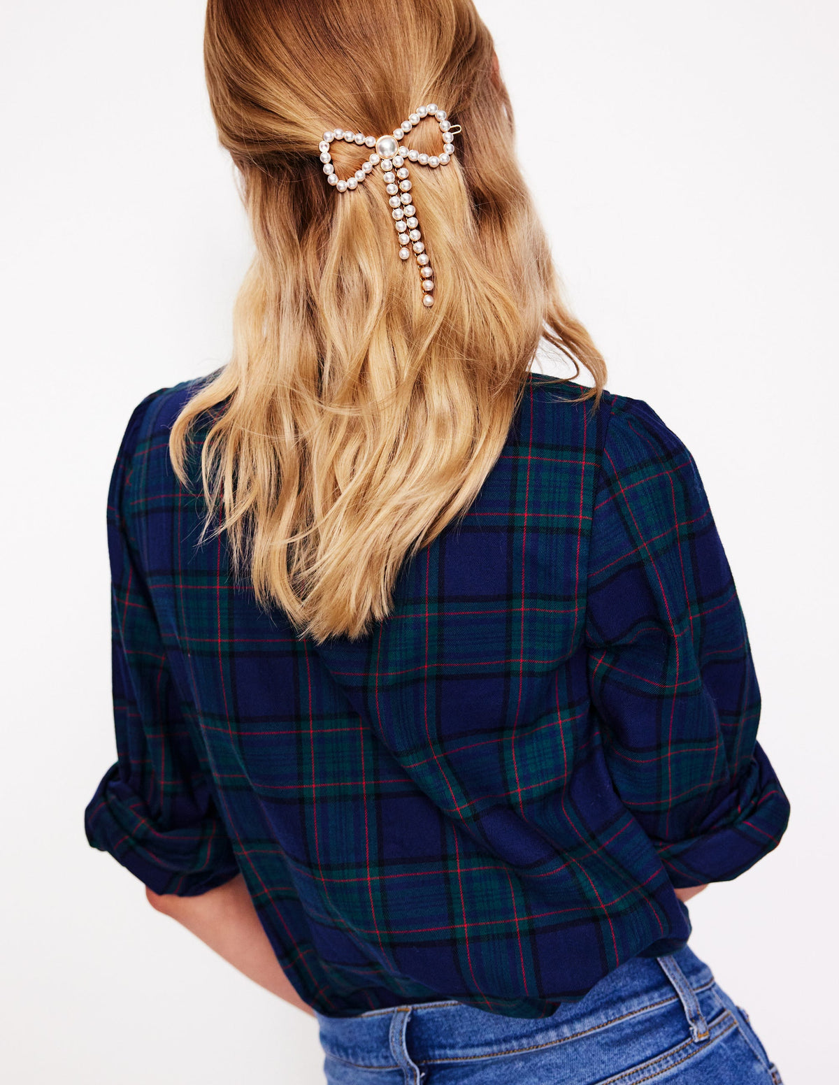 Barrette à cheveux avec nœud-Ivoire et Bleu Marine à Pois-1