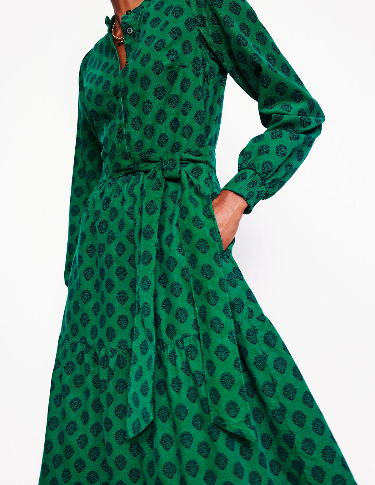 Robe longue Alba en velours côtelé-Vert alpin, motif Ornate Stamp-2