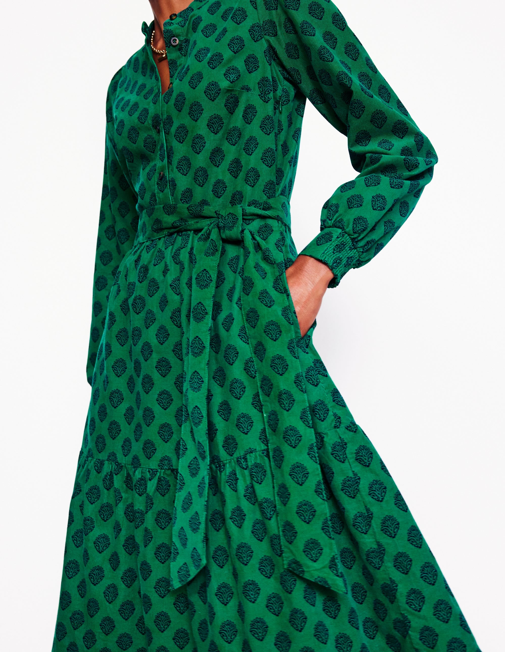 Robe longue Alba en velours côtelé-Vert alpin, motif Ornate Stamp - Image 2