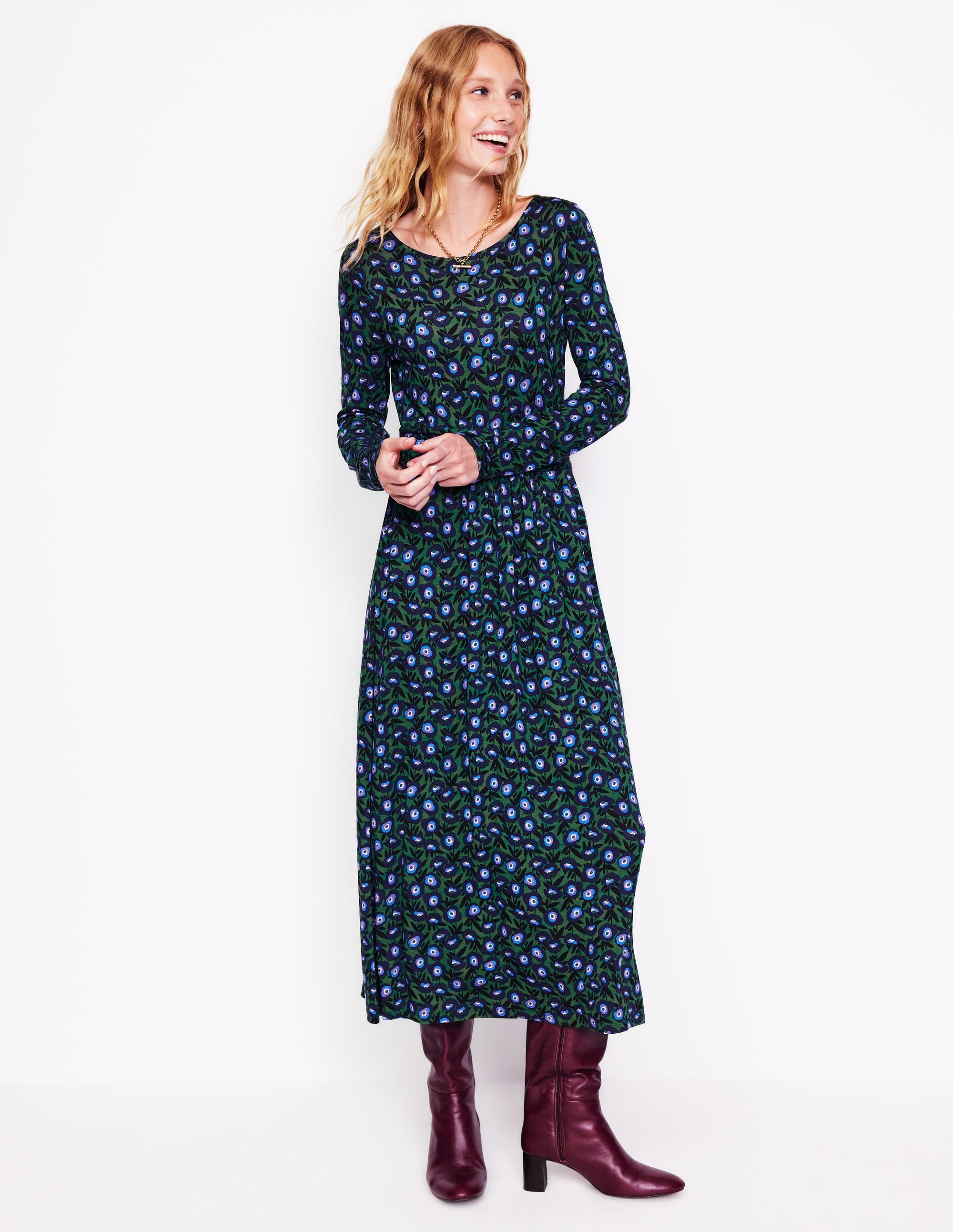 Amelie Langärmeliges Midikleid-Piniengrün, Stiefmütterchenzweig - Image 2
