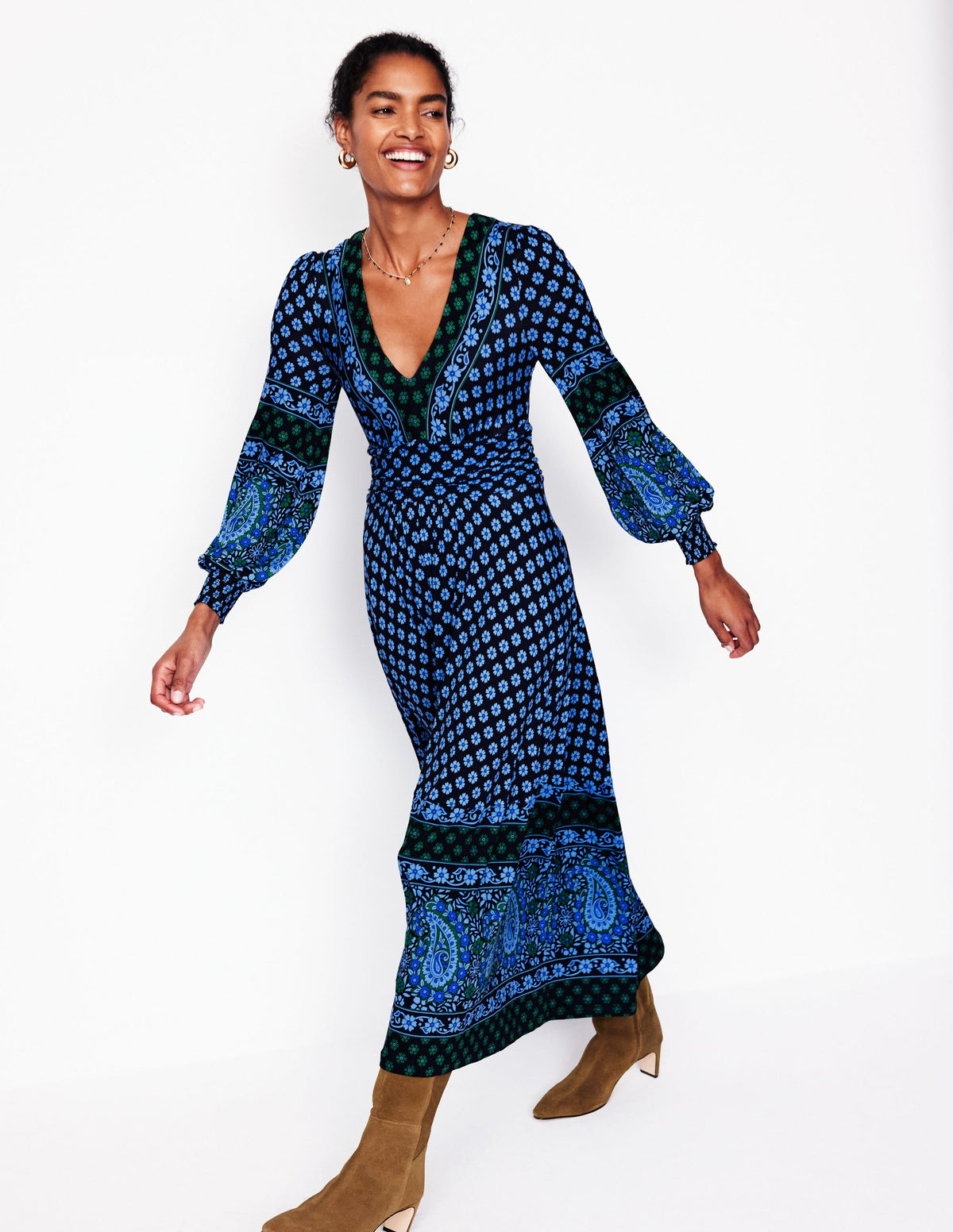 Robe longue Daphne en jersey-Bleu aube, motif Paisley Posy - Image 1