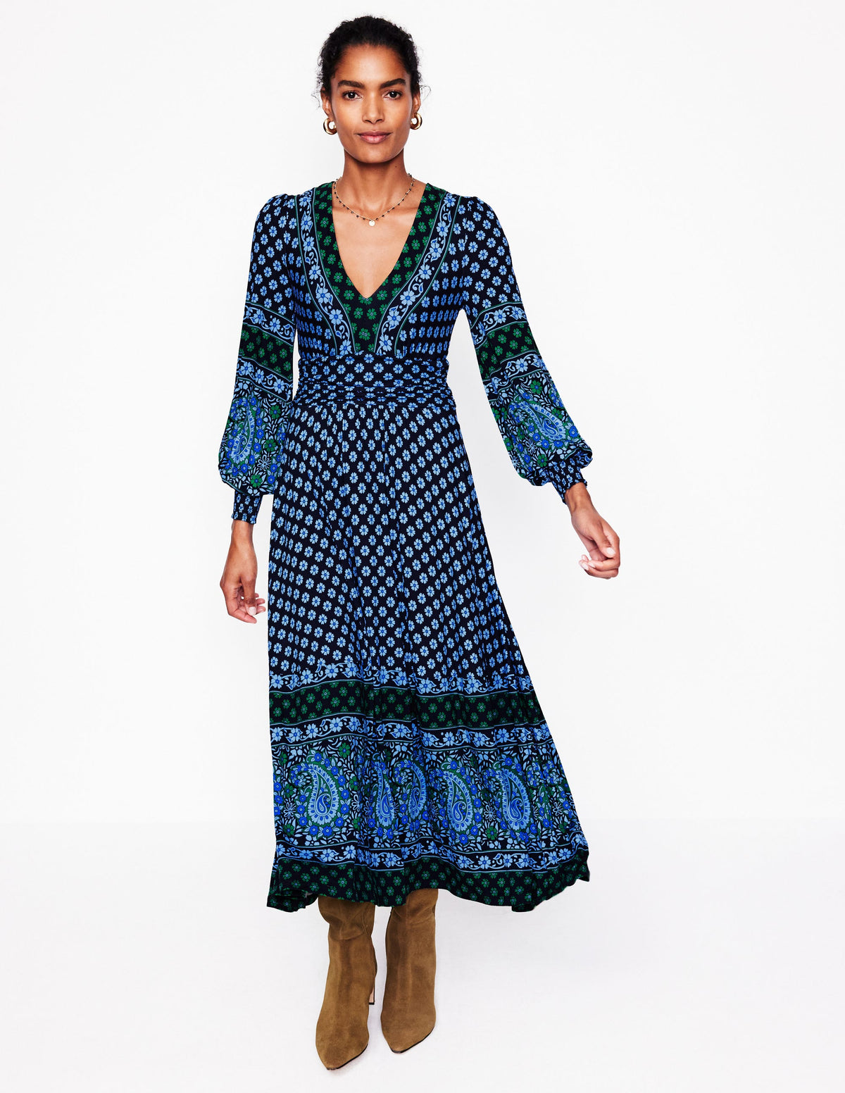 Robe longue Daphne en jersey-Bleu aube, motif Paisley Posy-4