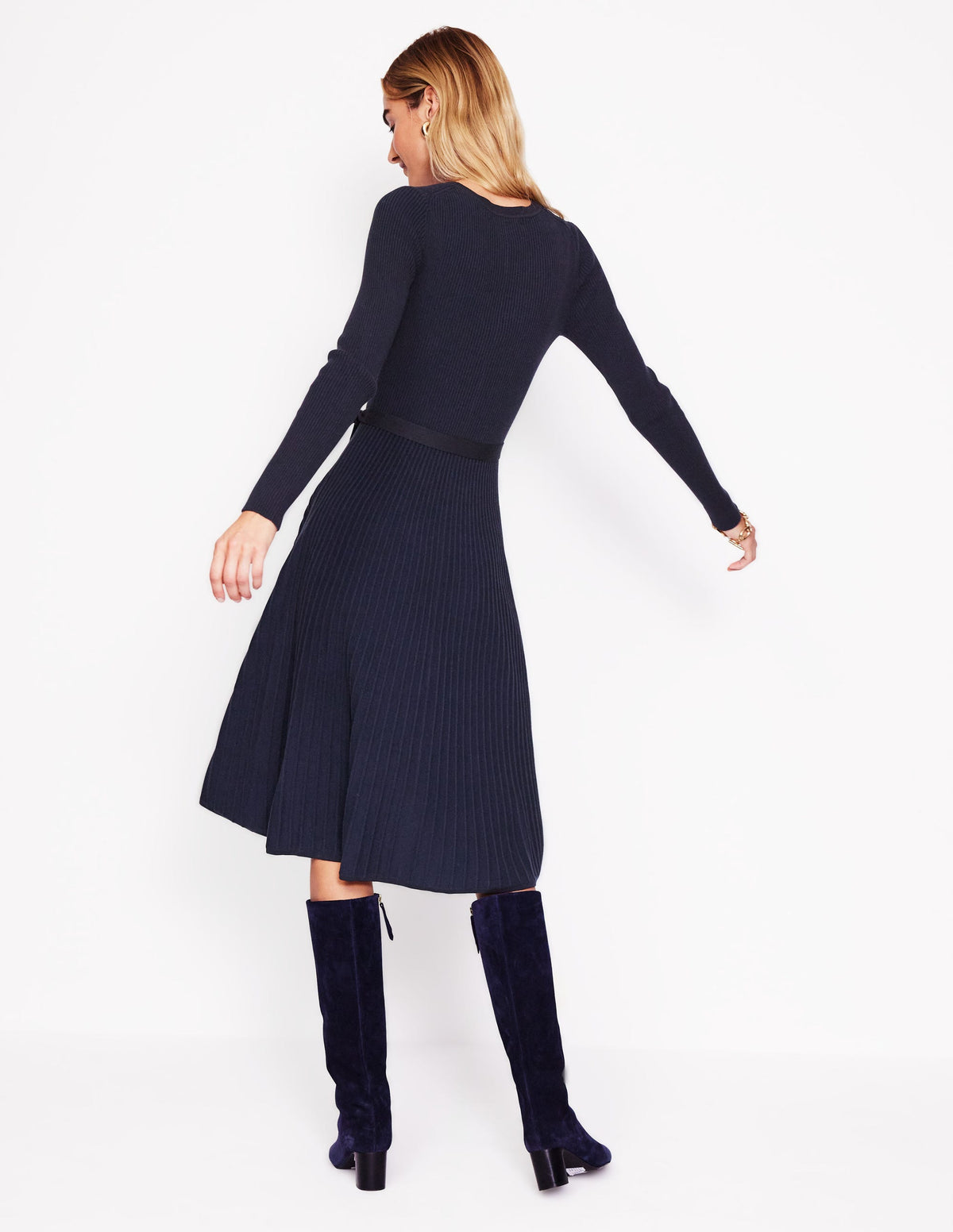 Lola Knitted Midi Dress-Navy, Black Plated - Image 3