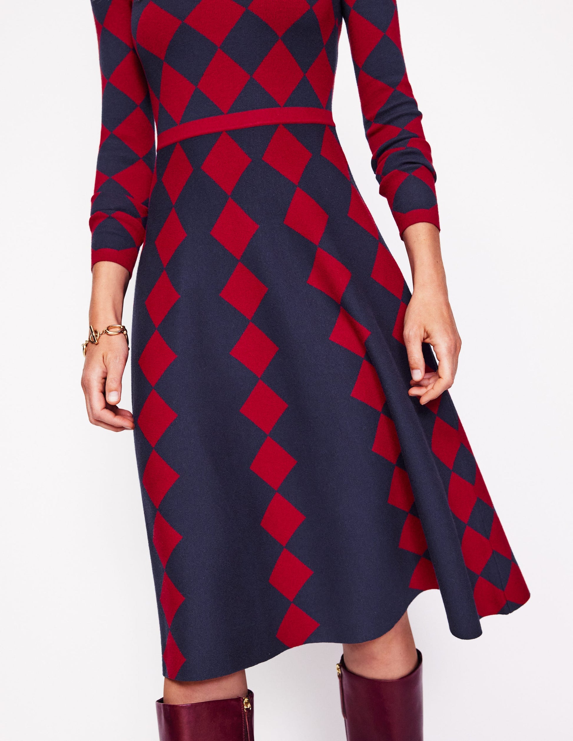 Robe Maria en maille jacquard-Losanges rouge et bleu marine-2