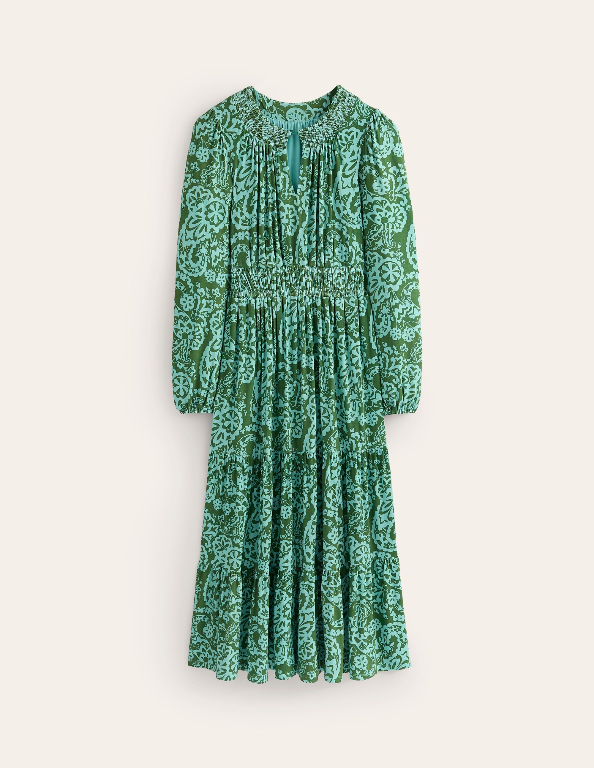 Gesmoktes, gestuftes Jersey-Midikleid-Bach, Paisley Kaskade - Image 5