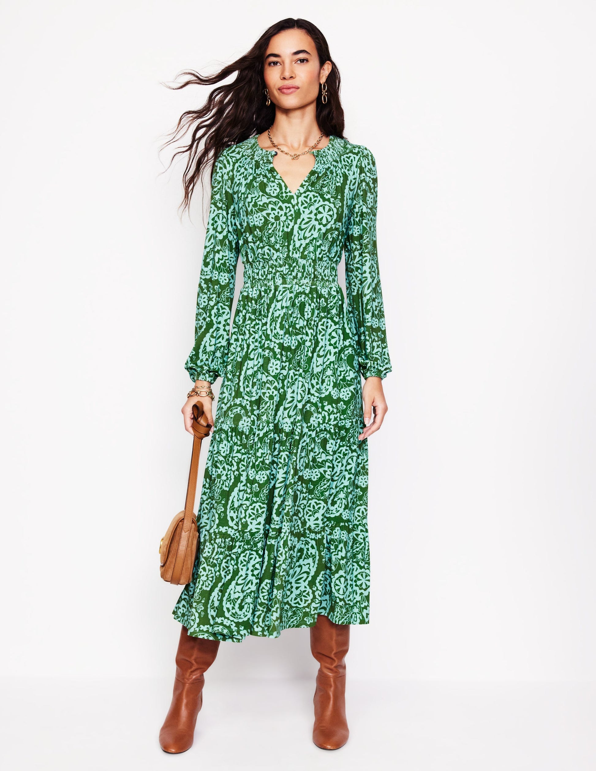 Gesmoktes, gestuftes Jersey-Midikleid-Bach, Paisley Kaskade-1