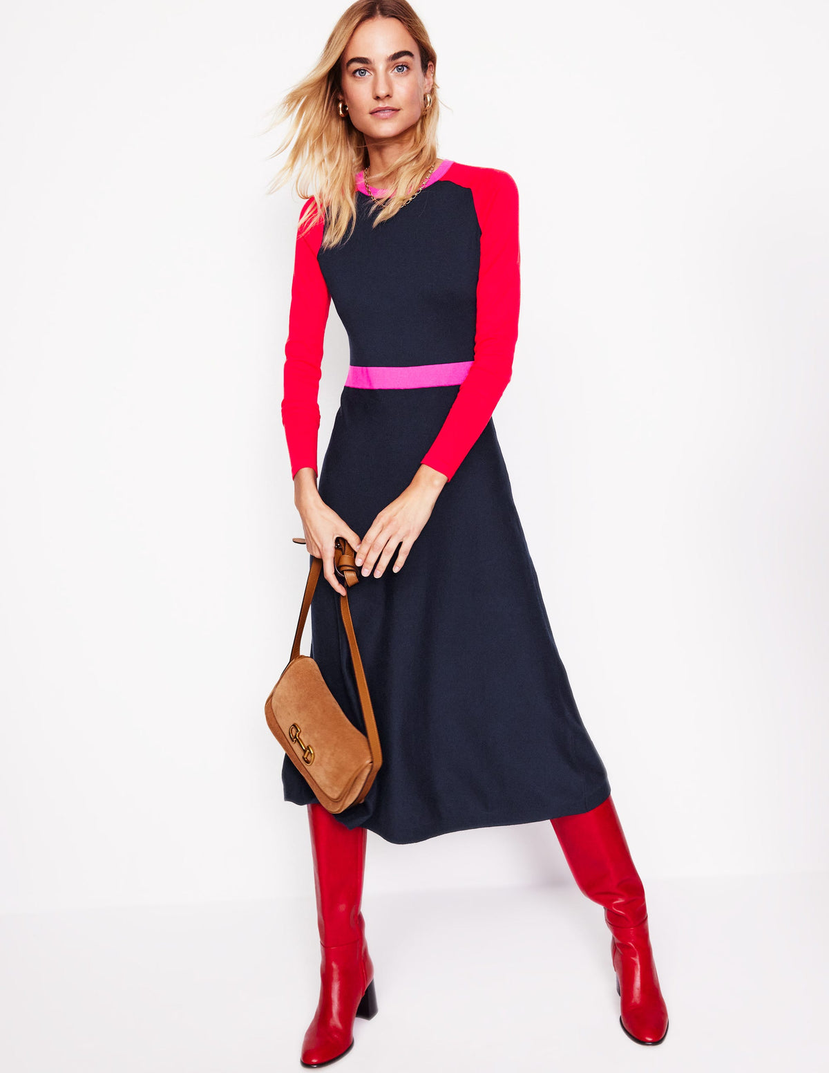Robe midi Marta en maille-Colourblock bleu marine, rouge - Image 4